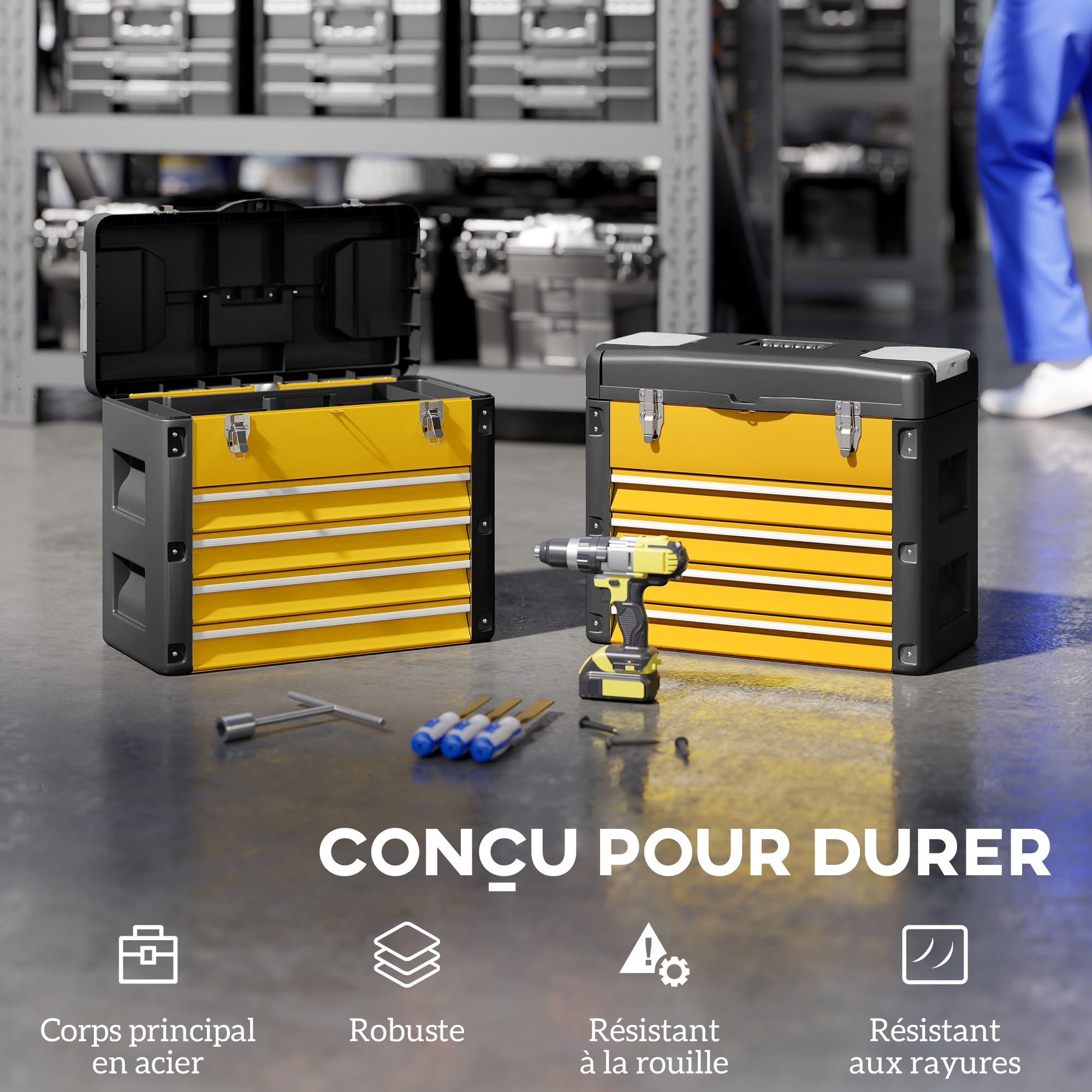 HOMCOM Boîte à Outils à 4 Tiroirs, Plateau Amovible, Caisse Vide, Jaune | Caisse à Outils en Acier Thermolaqué, Poignée, Mini-Boîtes, Glissières à Billes, Coffre à Outillage Robuste