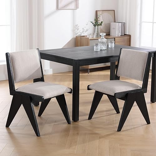 Juego de 2 sillas de comedor modernas de mediados de siglo tapizadas de lino con patas de madera negra, sillas laterales sin brazos con respaldo