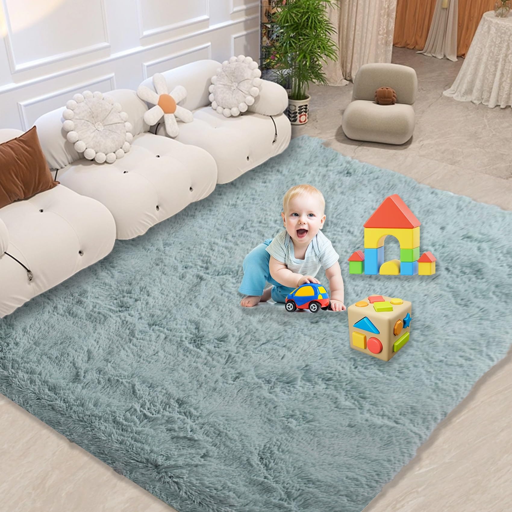 Tapis de chambre d'enfant moderne bleu gris lavable 165x195