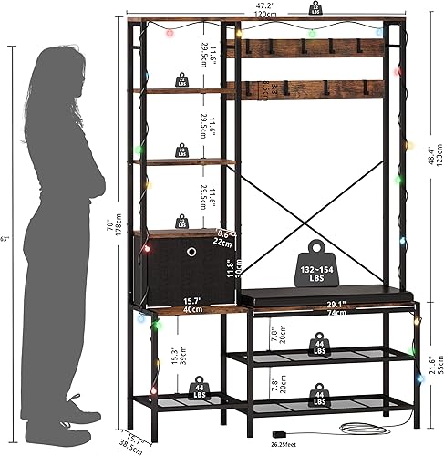 Miniatura 2 de IRONCK Árbol de pasillo con luz, banco de zapatos de entrada, cesta de almacenamiento de tela, perchero, estantes reversibles de 5 niveles, ganchos