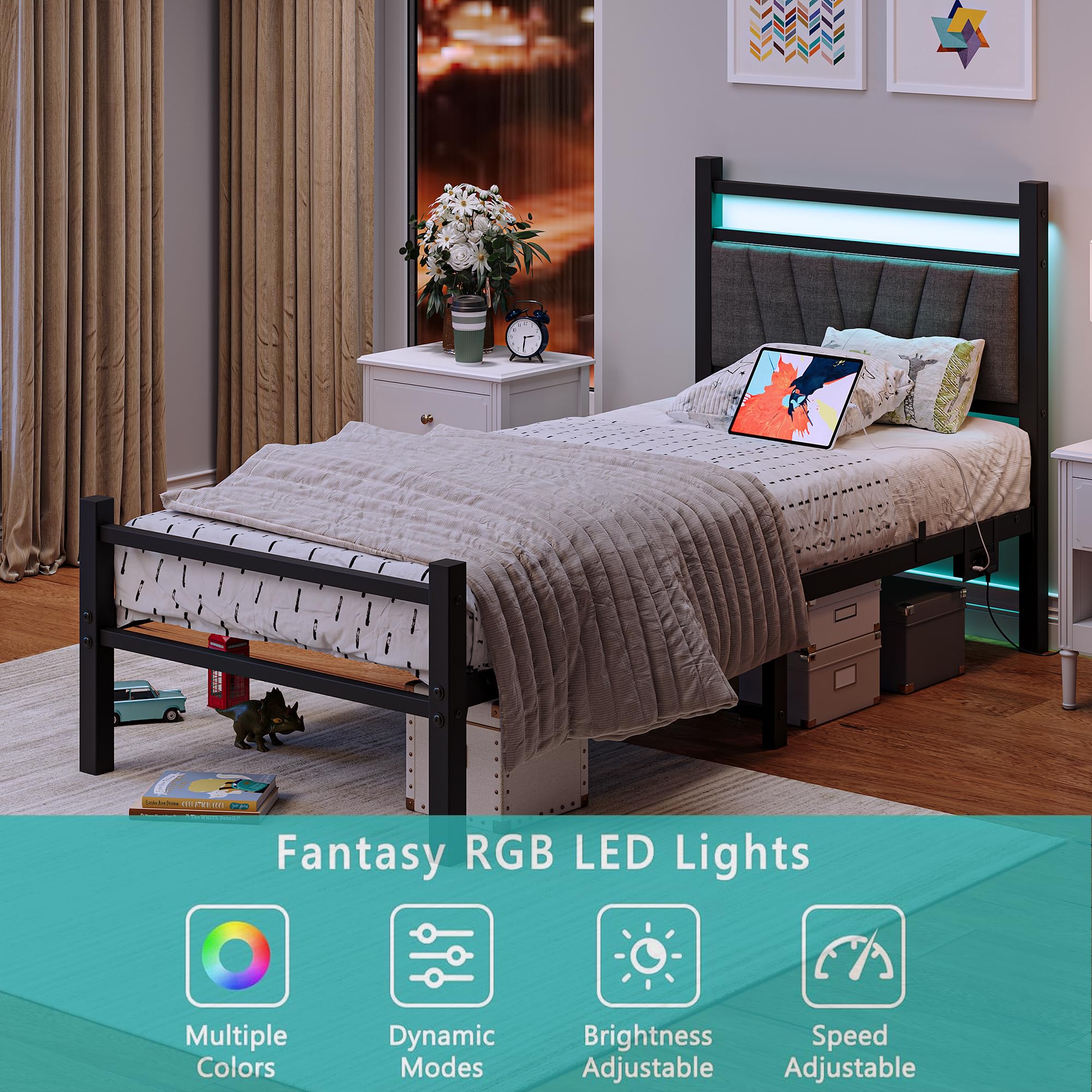 CARO-Möbel Gestoffeerd bed Benito 90x200 cm met LED-verlichting, modern eenpersoonsbed met verstelbaar hoofdeinde, jeugdbed met bekleding van imitatieleer in zwart