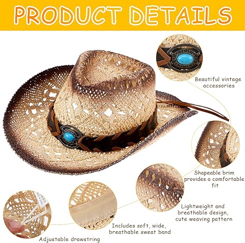 Vista 4 de 2 Pieces Cowboy Hats Cowgirl Hats for Kids Halloween Cosplay Straw Hat Child Western Straw Sun Hat for Boys Girls