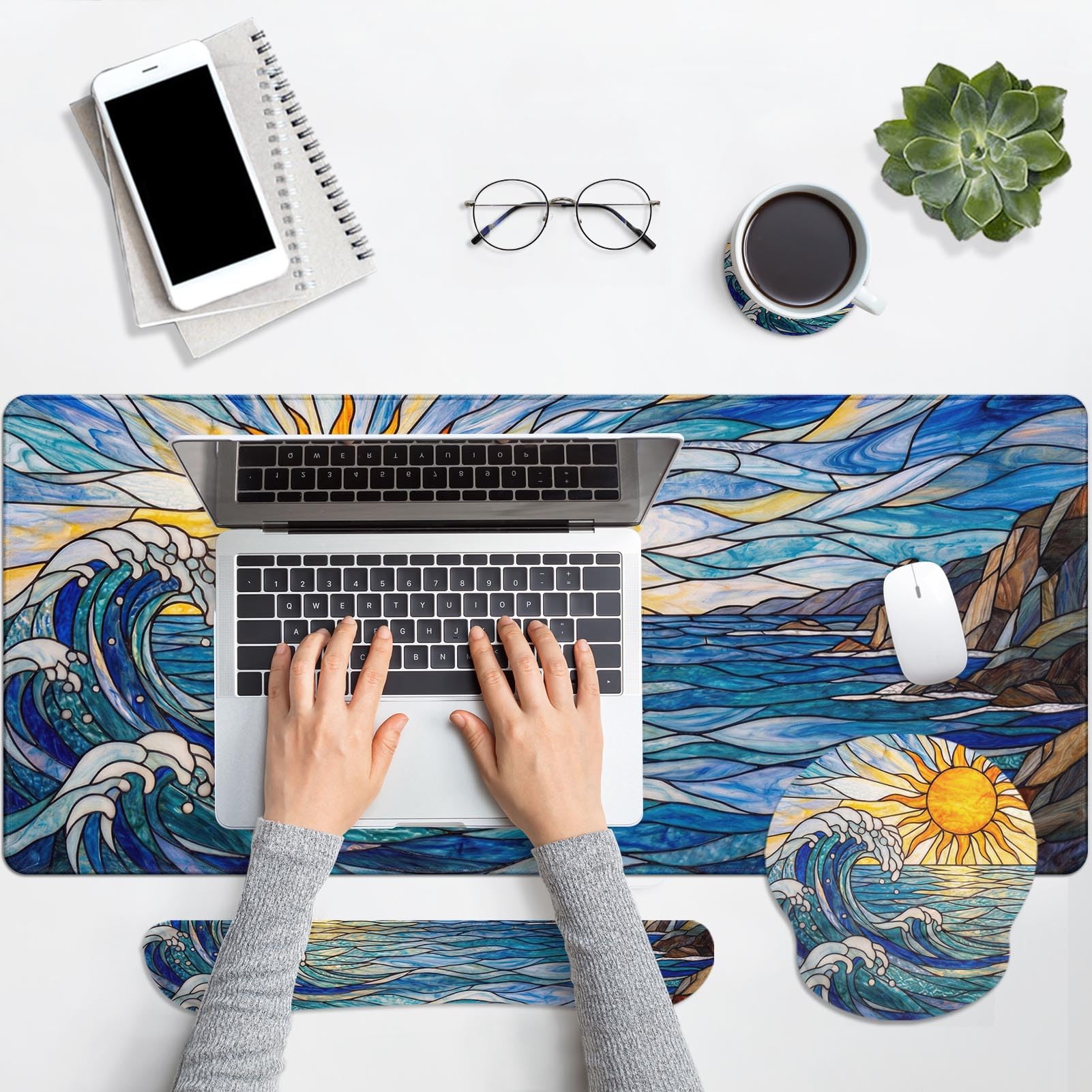 Britimes Blue Ocean Ensemble de tapis de souris 4 en 1 avec grand tapis de souris + repose-poignet pour clavier + repose-poignet + dessous de verre Design ergonomique pour ordinateur de bureau à