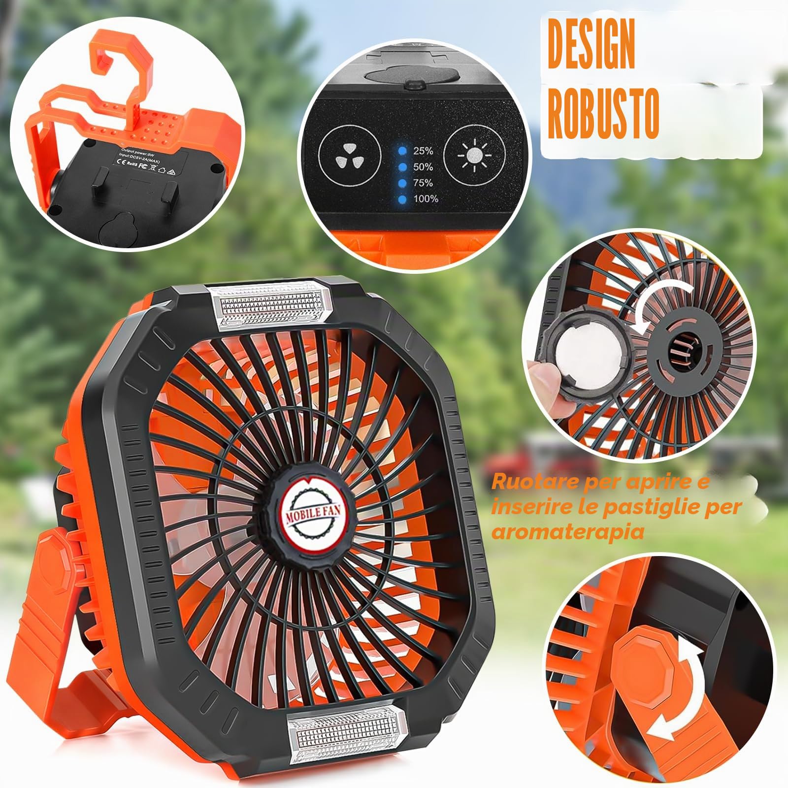 Ventilatore da campeggio, ventilatore da tavolo USB con batteria, luce, gancio, cinturino in paracord, 4 velocità, 3 regolazioni temporizzate, adatto per camera, campeggio, viaggio