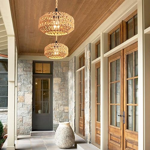 Miniatura 5 de Paquete de 2 lámparas colgantes de ratán enchufables con interruptor, mini lámpara de techo de ratán bohemio semiempotrada, accesorios de luz de