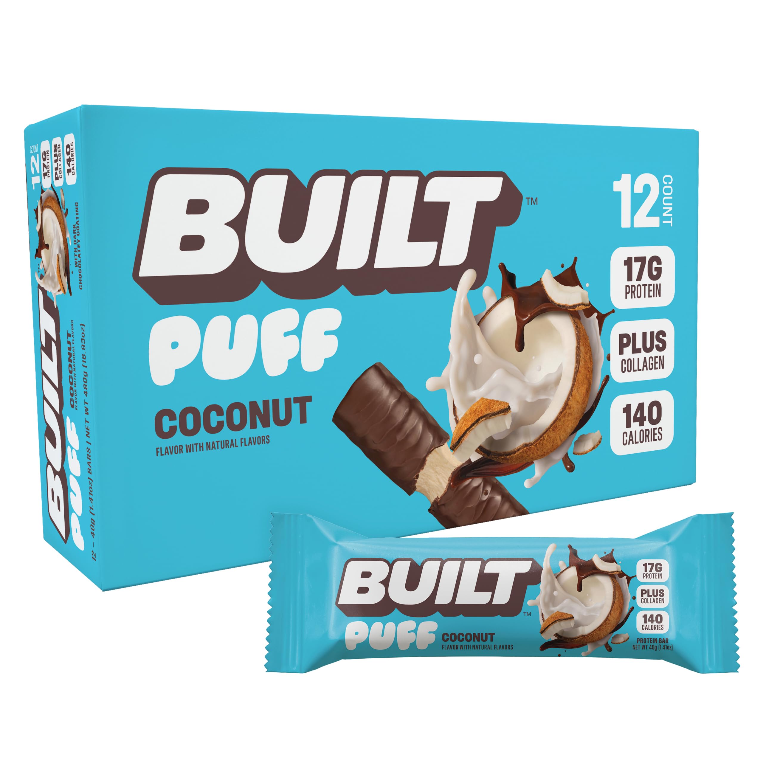 BUILT Puff Protein Bars, Coconut Puff, High Protein Bars, 17g High Protein Snacks, On-The-Go Bars, only 140 Calories, 6g Sugar, Collagen, Gluten Free, 12 Count