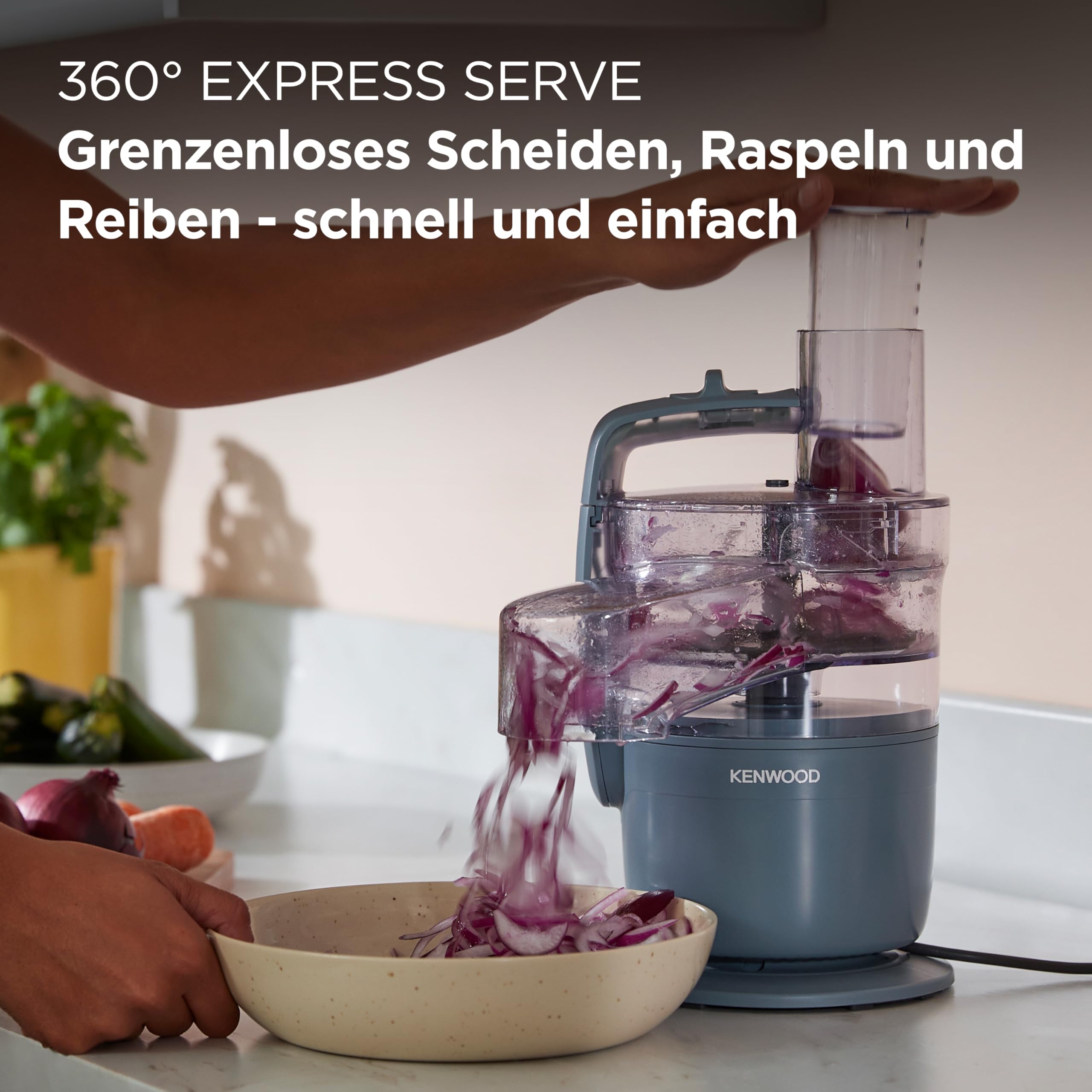 Kenwood MultiPro – Kompakte Küchenmaschine mit Express Serve, Edelstahlmesser, Schneid- und Raspelscheiben, 600-ml-Mixbecher, Pulse-Funktion, Blau (FDP23.380GY)