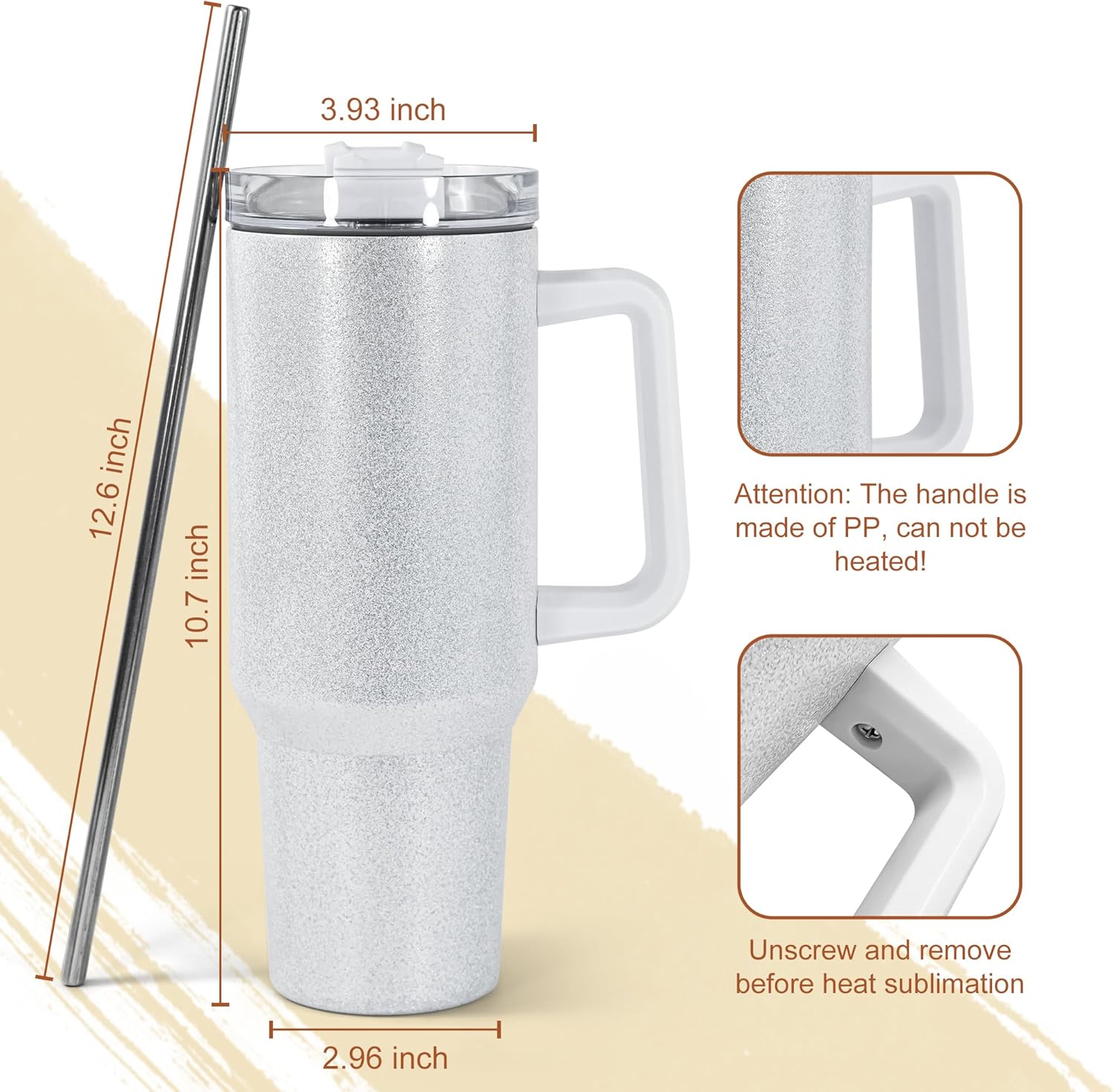 AGH 4 Pack 40 oz Sublimation Glitter White Tumblers with Stainless Steel Straw and Lid, Insulated Double Wall Vacuum Reusable Cups with handle, Travel Mug for Party,Home,Driving,Office - Image 2