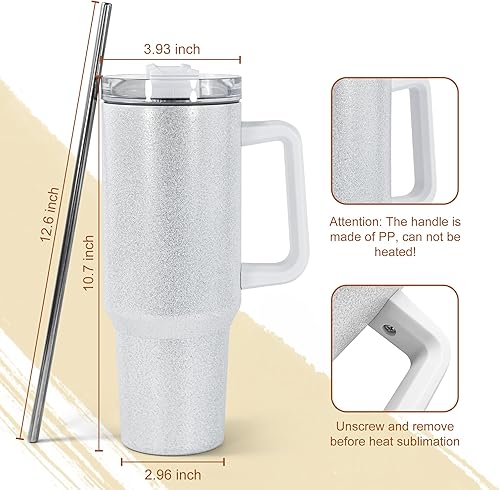 Miniatura 2 de AGH Paquete de 2 vasos de 40 onzas de sublimación blanco brillante con popote y tapa de acero inoxidable, vasos aislados al vacío de doble pared