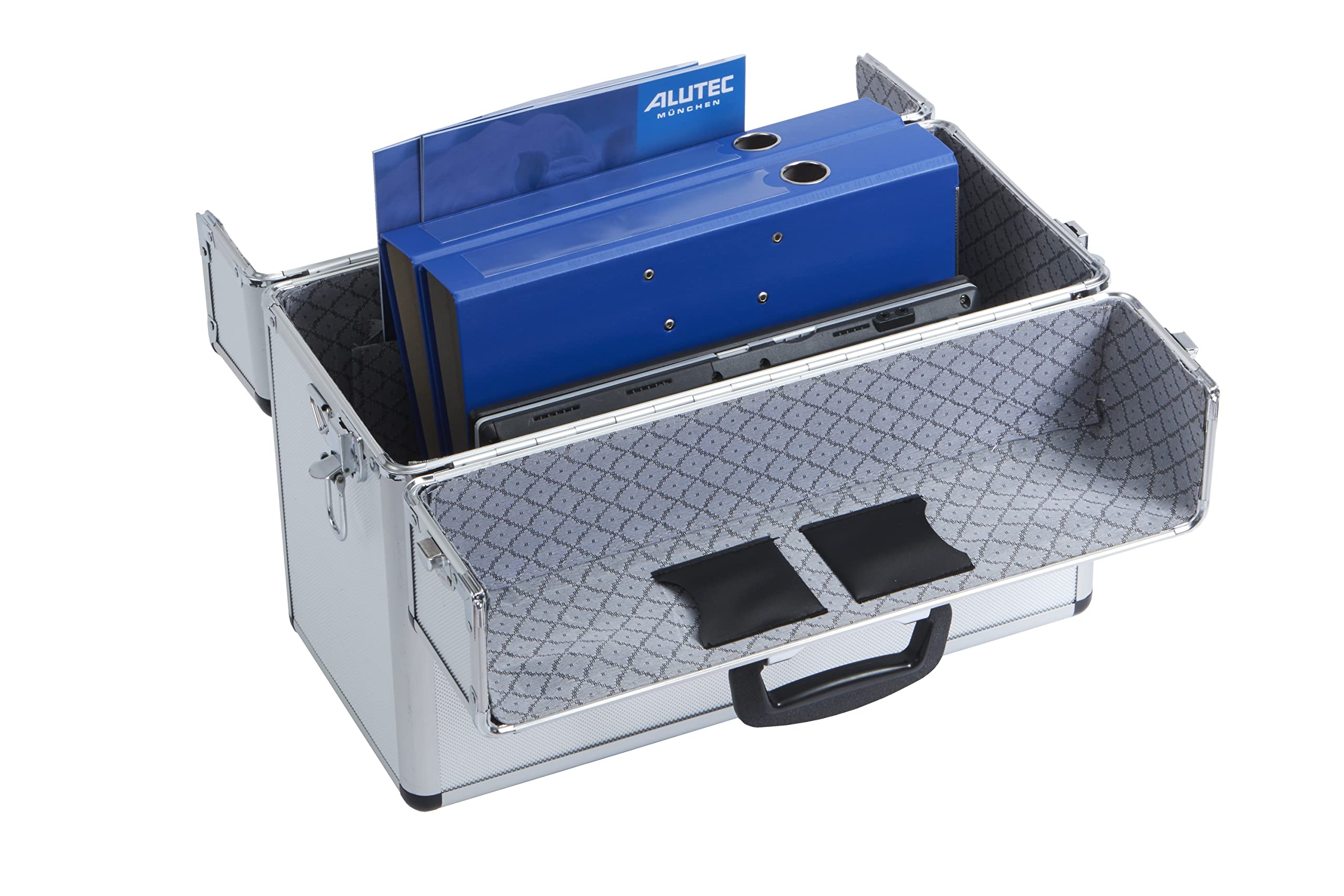 ALUTEC Pilotenkoffer (Aluminium Koffer, Innenmaße 435x340x1950 mm, ergonomischer Griff, mit Dokumentenfach, Stiftehalter, Fach für Visitenkarten, Deckel nach Oben öffnend) 61800