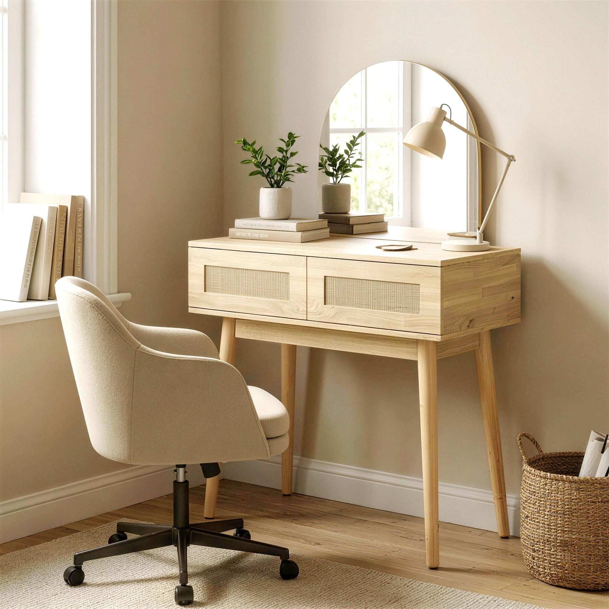 HOMCOM Tocador con Espejo Arqueado, Mesa de Maquillaje Moderna con 2 Cajones con Frontal de Ratán, Tocador de Maquillaje para Dormitorio, Espacios Pequeños, Natural