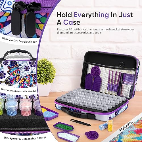 Miniatura 2 de FUNDAFUL Contenedores de almacenamiento de pintura de diamantes, 60 ranuras, accesorios y herramientas de arte de diamante con tarros a prueba de