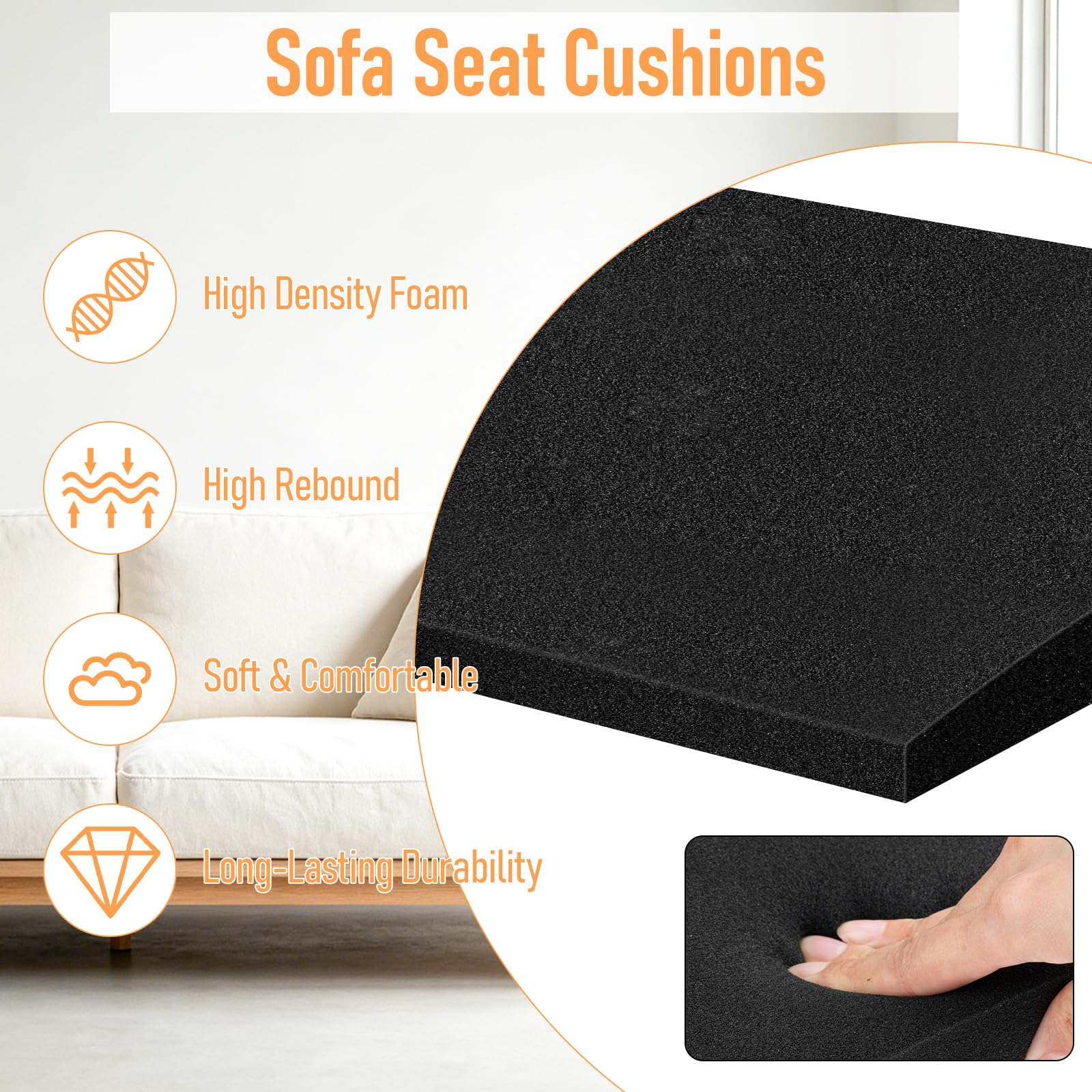 3 PCS Tabla de Soporte Resistente para Sofá Asiento Hundido, Cojín Espuma Alta Densidad 42D, Almohadilla Repuesto Compatible Sofá Cama Esquinero (Negro)