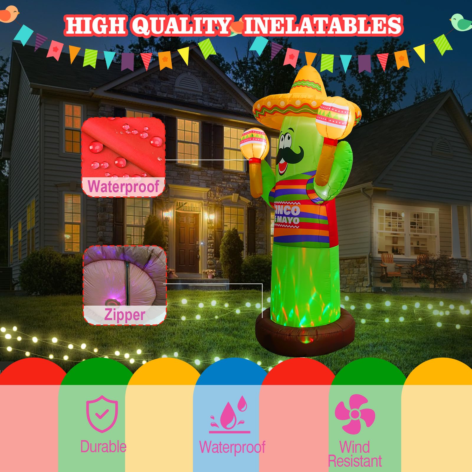 Aufblasbarer Kaktus Cinco De Mayo Cinco De Mayo, mexikanischer aufblasbarer Kaktus mit Taco Sombrero und Maraca, integrierte bunte LED für den 5. Mai für drinnen und draußen, Mexiko, Fiesta,