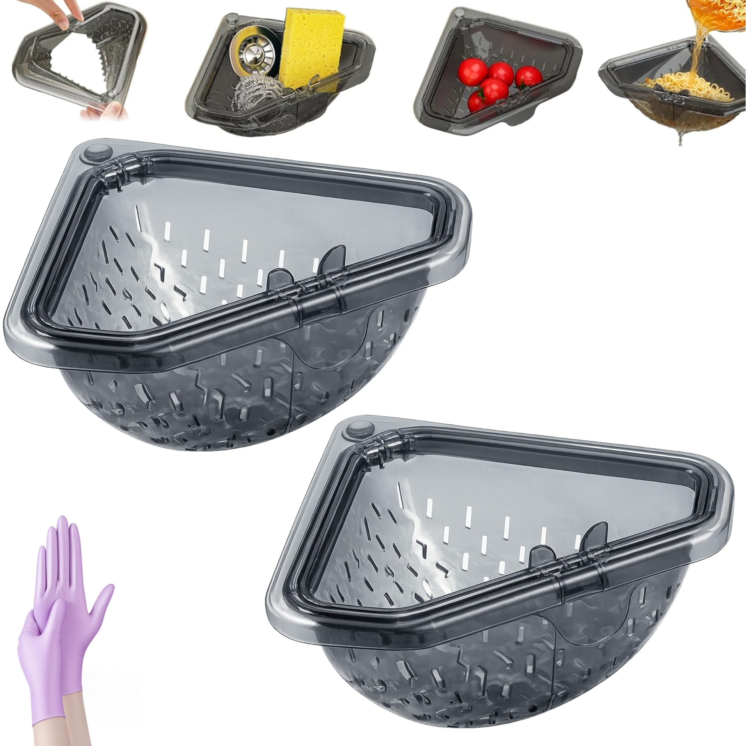 Magnetic Corner Sink Strainer Basket with Twist-Open Bottom, 6.69" Triangular Drain Rack for Food Scraps, Sponge Holder & Quick-Rinse Produce Basket, No-Drill Mount with Adhesive Metal Plate, ABS (1) — view 8
