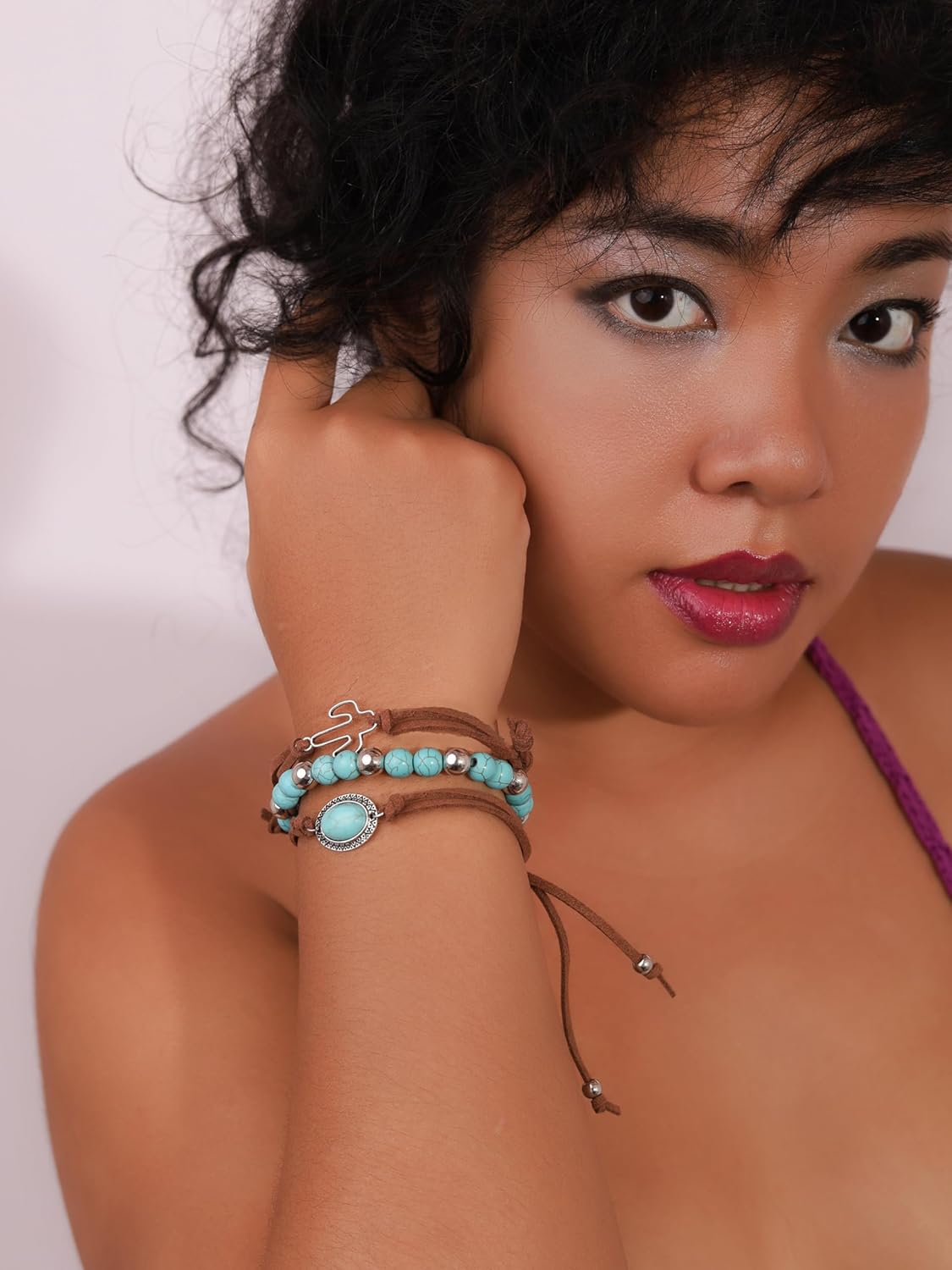 MINACHI 3-Layer Bracelet Created Turquoise Beads Faux Leather Rope Bohemian Retro Style Gift for Women - Image 2