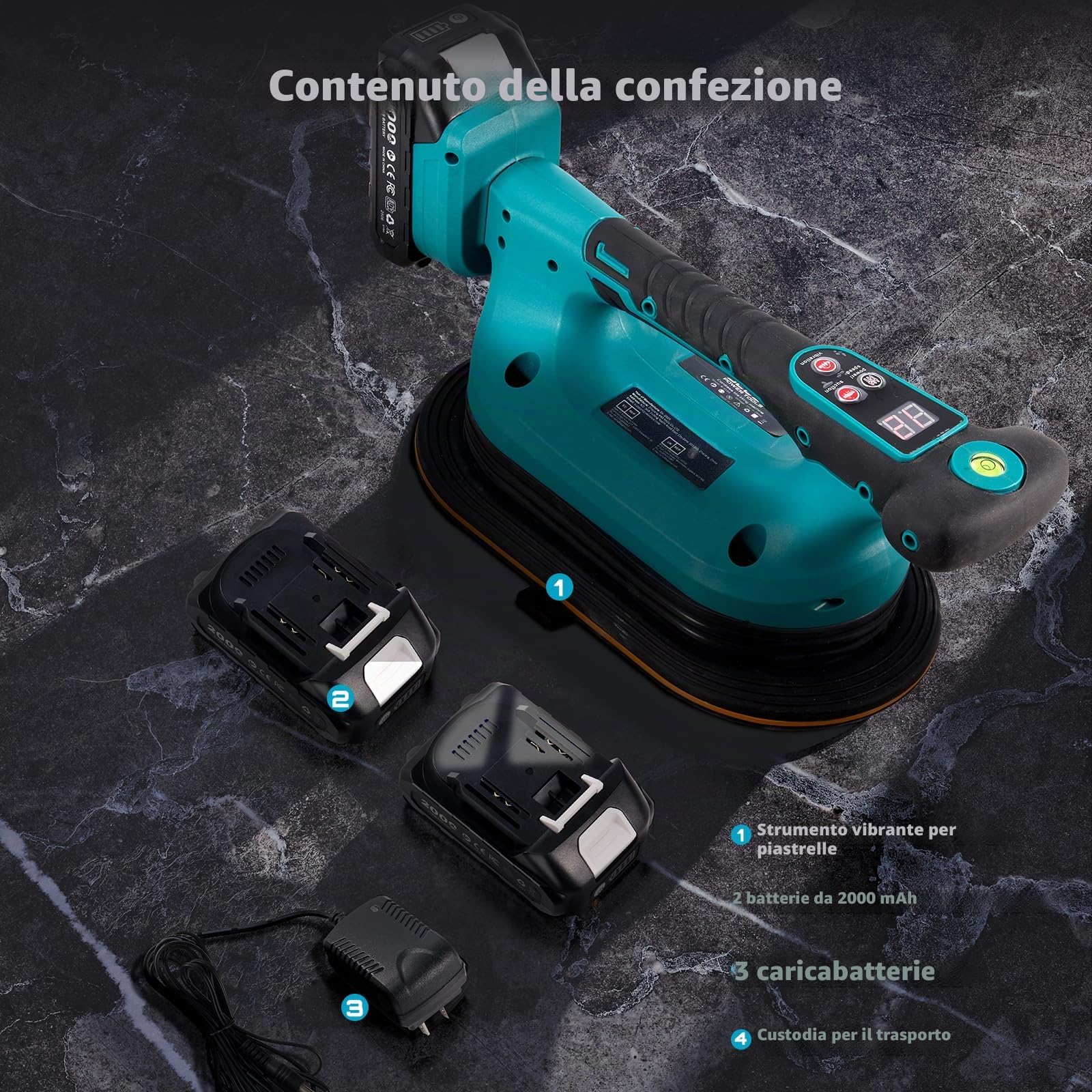 SEESII Vibratore per Piastrelle 285 mm, 2-in-1 Ventosa Vibrante per Piastrelle & Strumento di Vibrazione, 12 Velocità, Batteria 10 Ore, Livella – Vibratore Piastrelle per Formati Grandi (K919B)