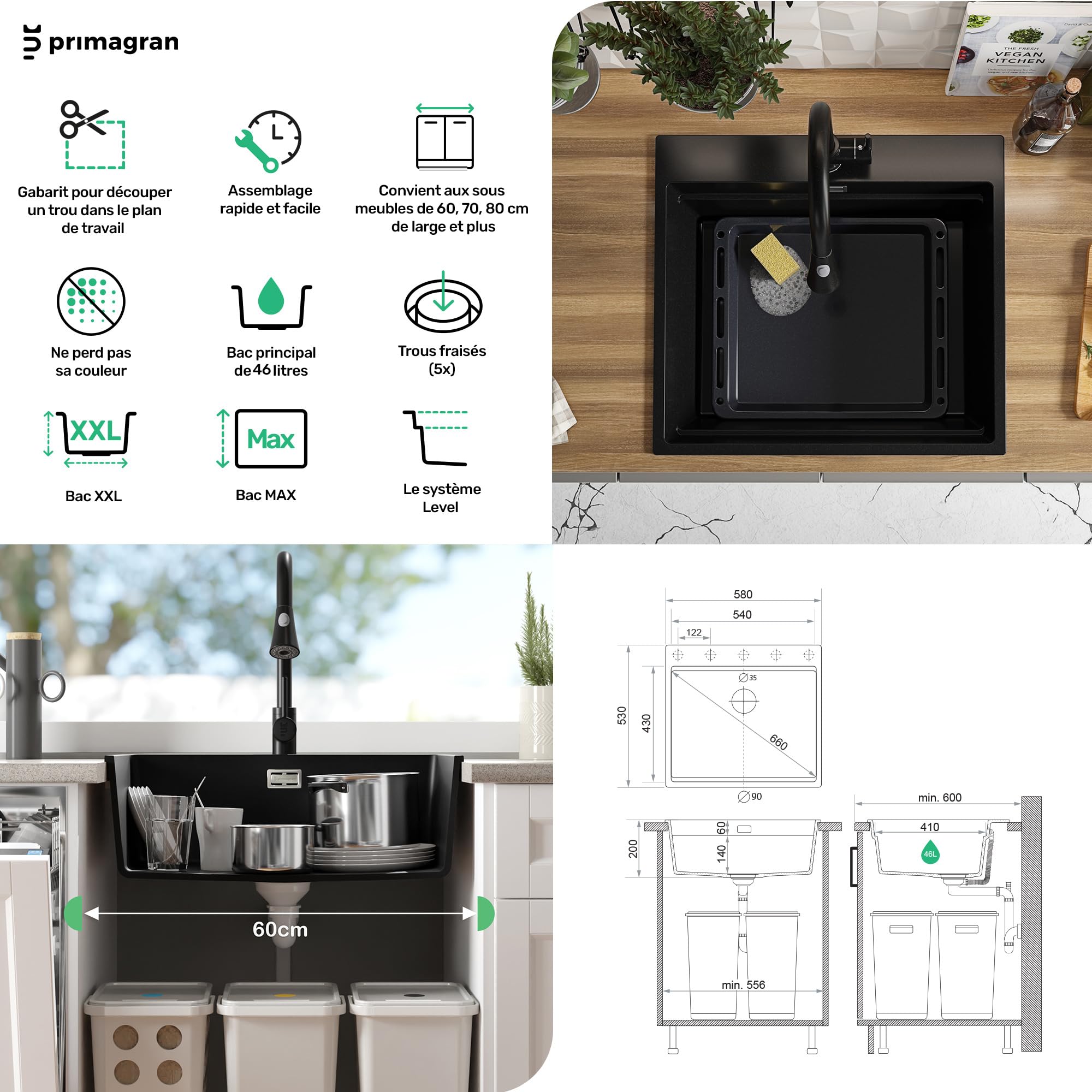 PRIMAGRAN Evier Cuisine en Granit Beige - Oslo, 58x53cm | Lavabo 1 Bac + Robinet 40x20cm + Kit d'accessoires, Évier à Encastrer au Meuble 60cm (S168)