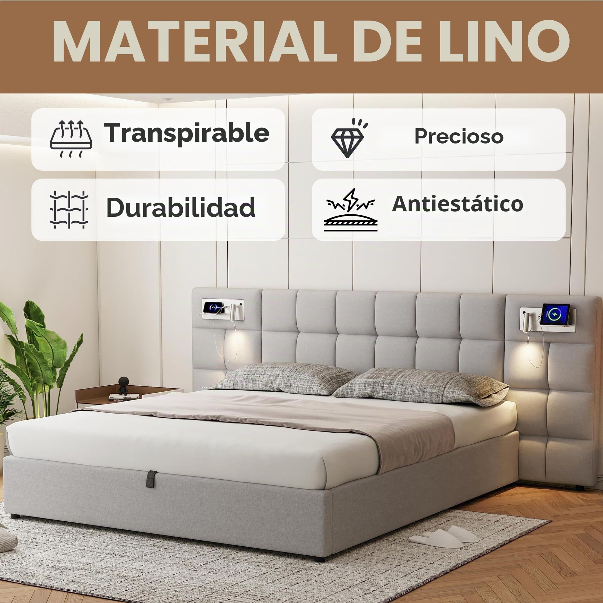 Dolamaní Cama tapizada para cama doble de 180 x 200 cm con espacio de almacenamiento, cama hidráulica con somier y cabecero funcional extra grande, para adultos y jóvenes, lino (gris)