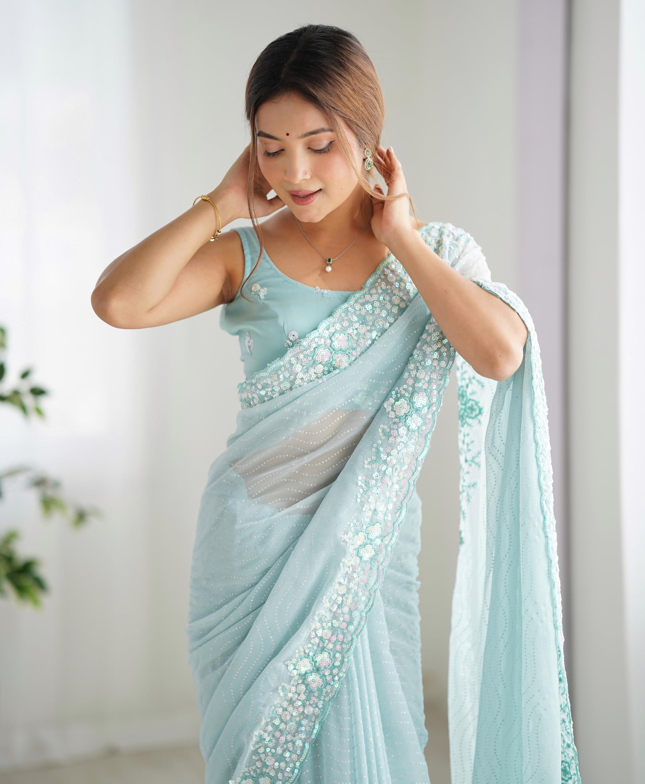 SGF11 Women's Georgette and Sequence Embroidery Work Saree With Unstiched Blouse Piece product image 2