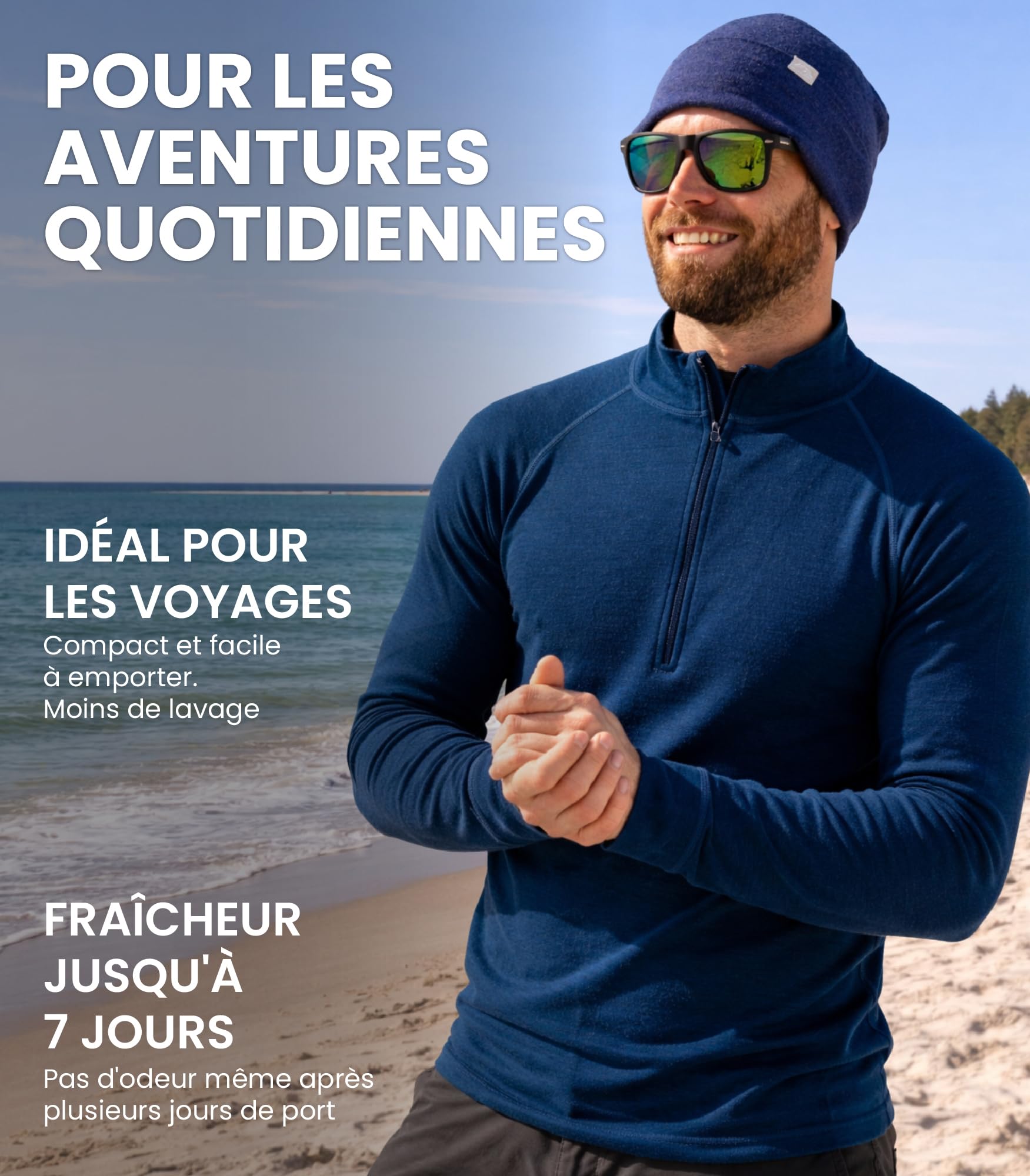 Merino.tech Demi-Zip Pull Merinos Homme - 100% sous Vetement Merinos Homme Léger, Moyen, Lourd et Chaussettes