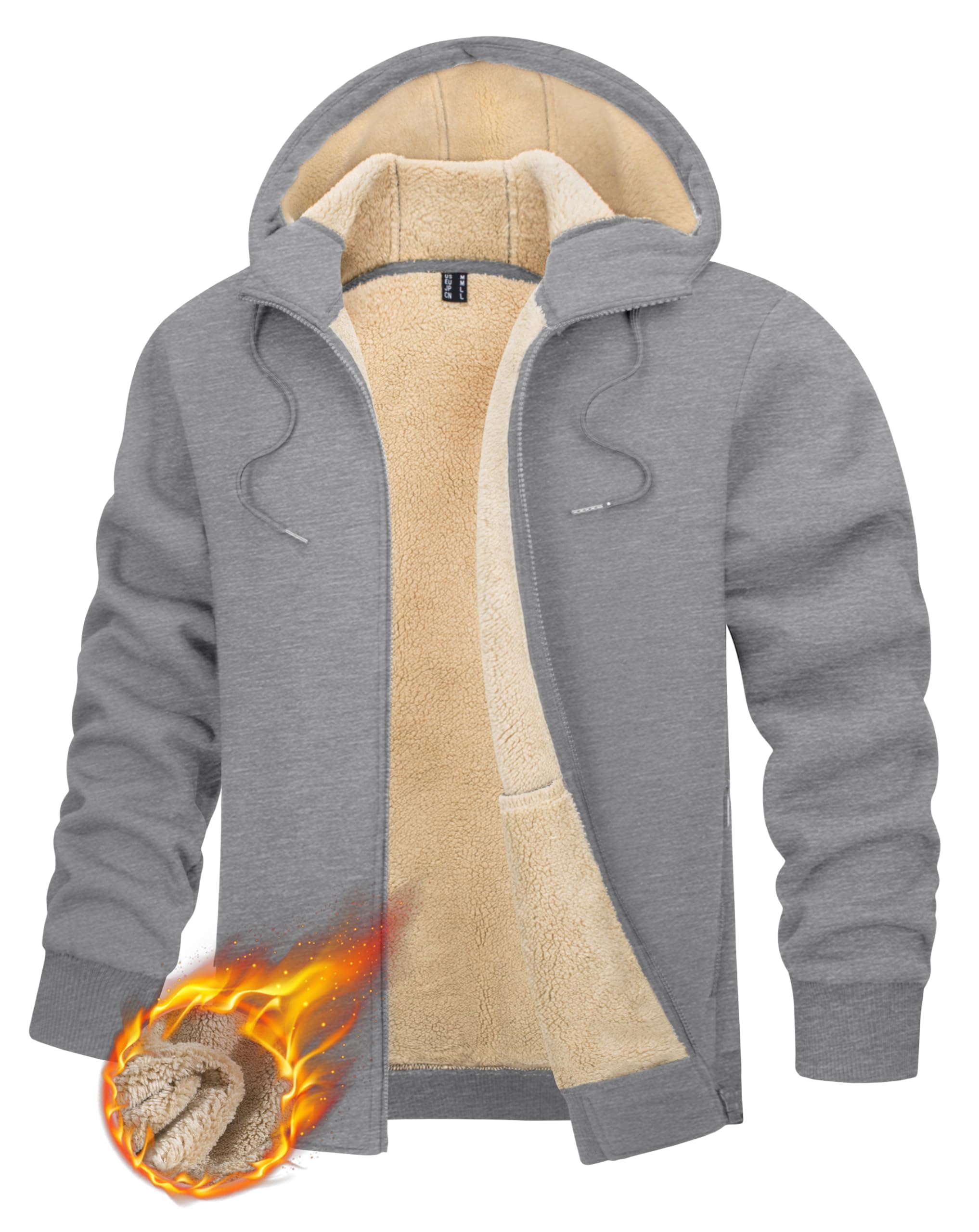 TACVASEN Sudadera con capucha y forro polar para hombre, gris claro, XXL