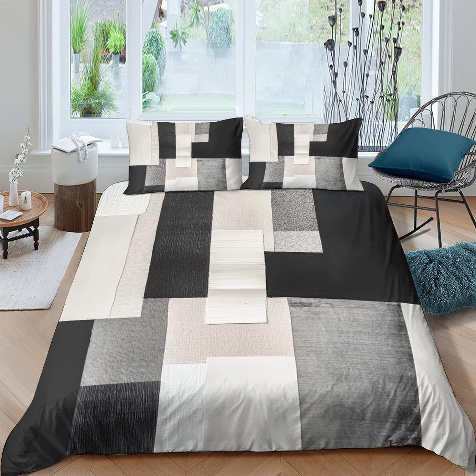 GPLZQXKJNH 3D Printed Geometric Black Grey Patchwork Duvet Cover Microfiber Soft Bedding Set with 2 Pillowcases for Bedroom Decor Single（135x200cm）