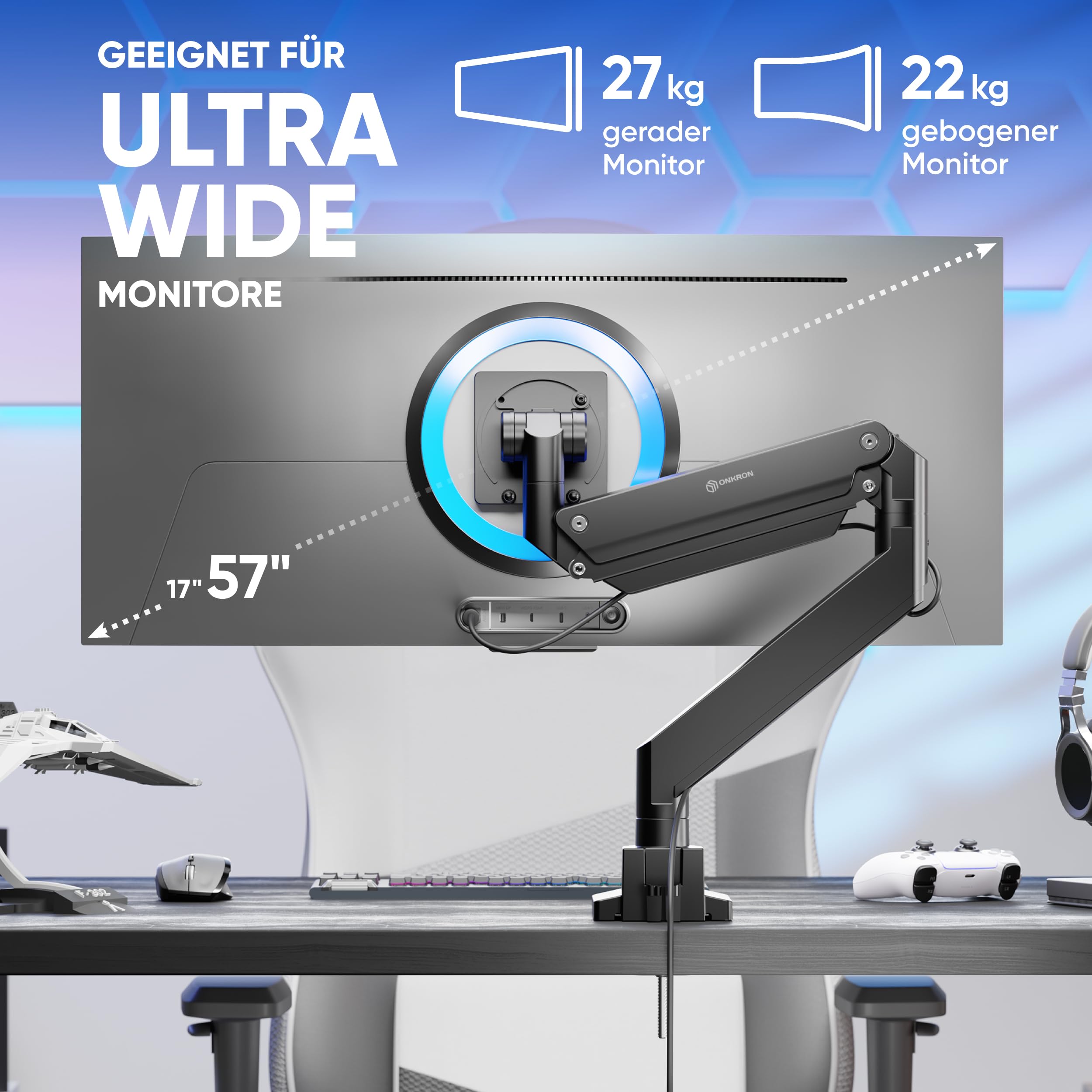 ONKRON Monitor Halterung 17-57 Zoll, bis 27 kg, max VESA 200x200, G130-B | Ultrawide Monitorarm bis 58,5 cm ausziehbar, Gasdruckfeder, schwenkbar, drehbar, Klemm-/Bohrmontage; für Büro & Gaming