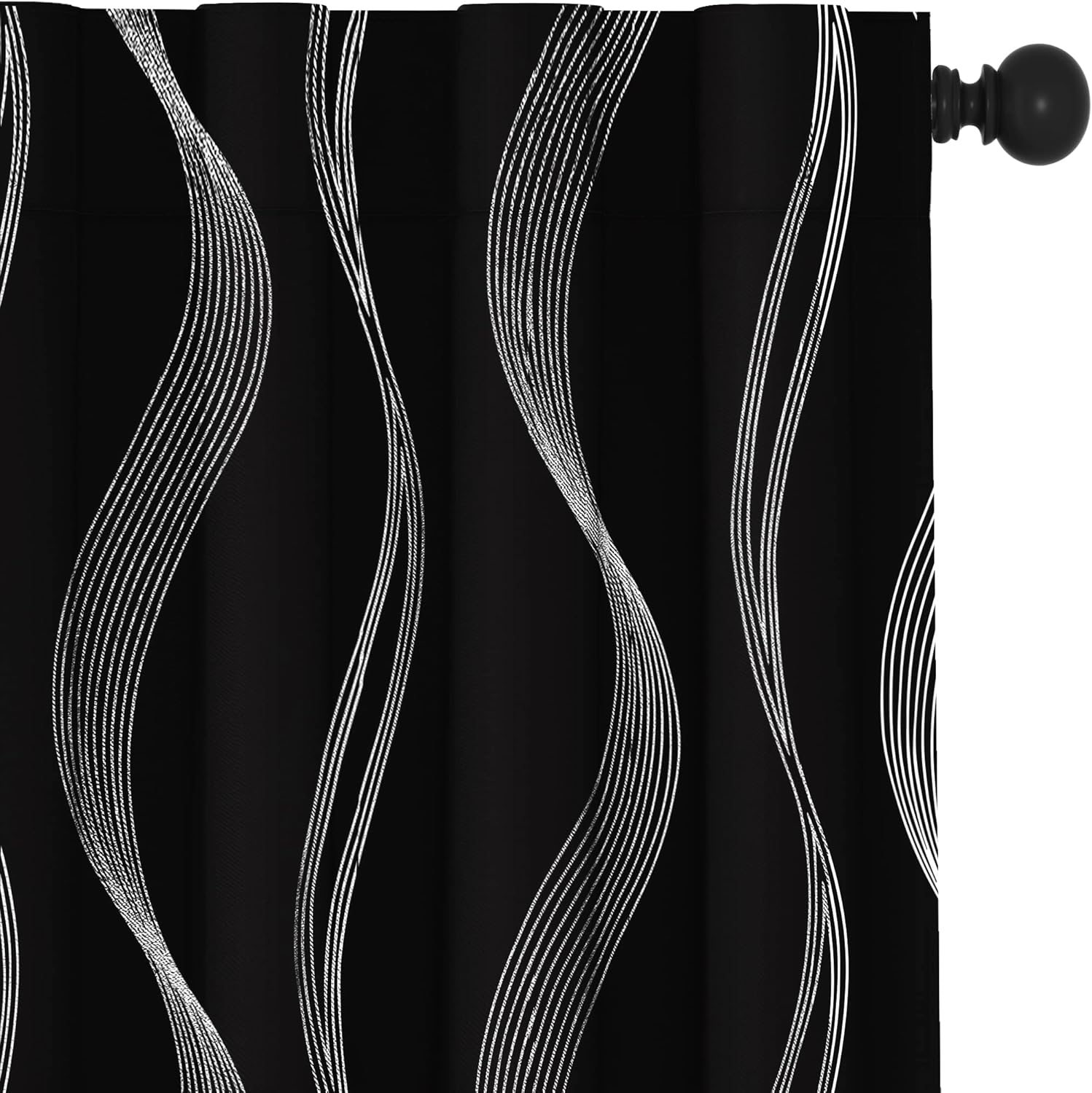Deconovo Blackout Back Tab Curtains with Geometric Pattern, Room Darkening, Heat Blocking, Energy Saving Drapes for Bedroom, Living Room, 2 Panels, Black, 52W x 84L Inch, Wave Stripe