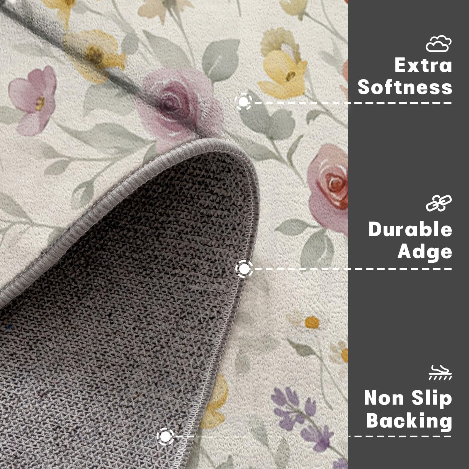 60X90Cm Zerbino Ingresso Interno Antiscivolo Assorbente, Tappeto Microfibra Sottile Lavabile Con Floreale Di Campagna Francese Piante Romantiche Ad Acquerello Per Cucina Bagno Porta Animali, Beige