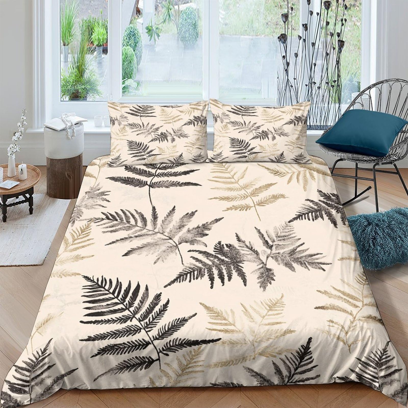 TUFRTGYHN 3D Printed Fern Leaf Duvet Cover Set Microfiber Soft Breathable Palm Pattern Bedding Set with 2 Pillowcases for Bedroom Decor Single（135x200cm）