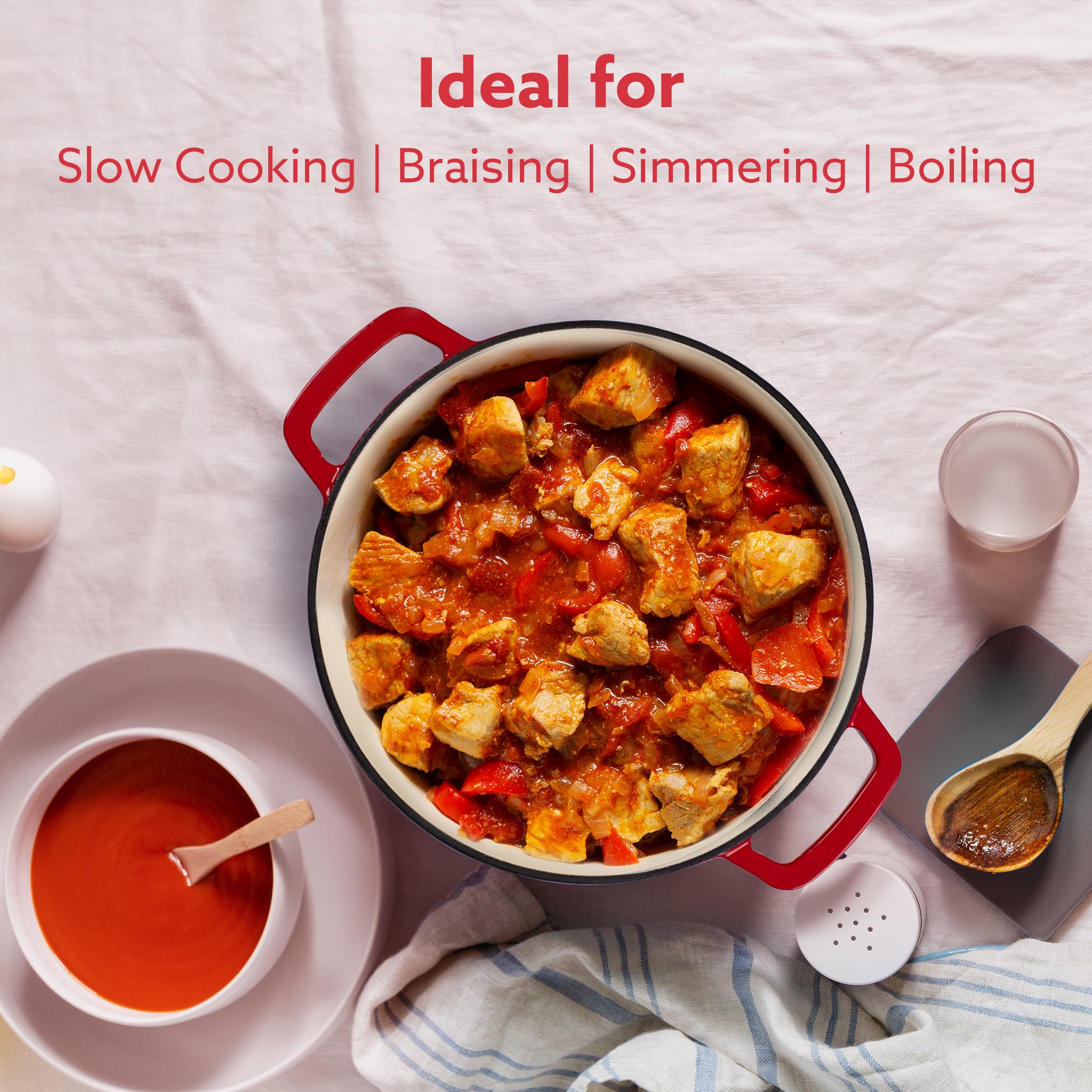 AGARO Royal Enamelled Cast Iron 5L Casserole with Lid, Cooking Pot, No Chemical Coating, Fast Heat, Heavy Weight, Gas & Induction Oven Compatible, for Meat, Dal, Curry, Biryani, Pulao, Red 3