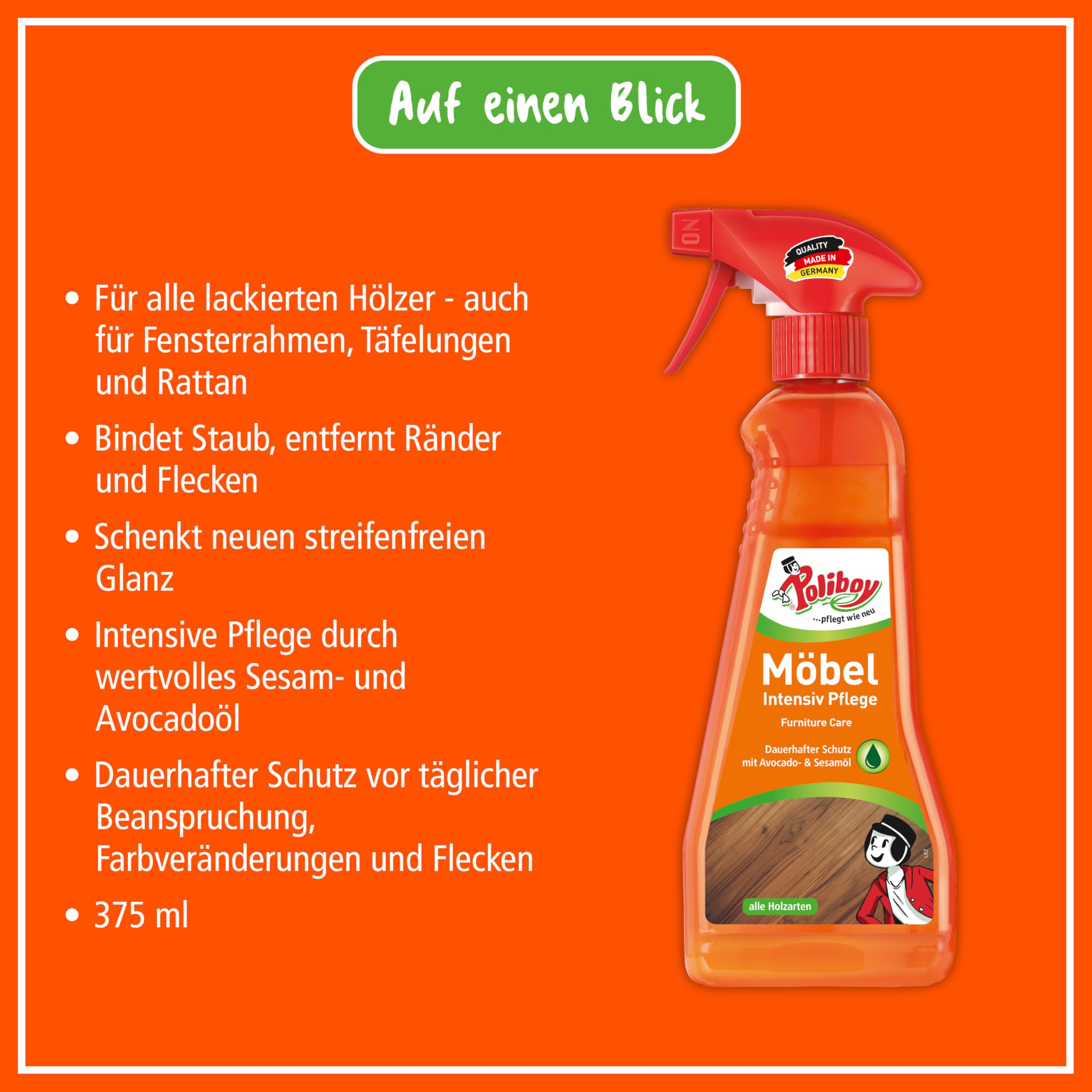 POLIBOY Cuidado intensivo de muebles – Cuidado para madera lacada – Cuidado protector y refrescante de la madera – Color neutro – 2 x 375 ml Spray matic con paño de algodón – Fabricado en Alemania