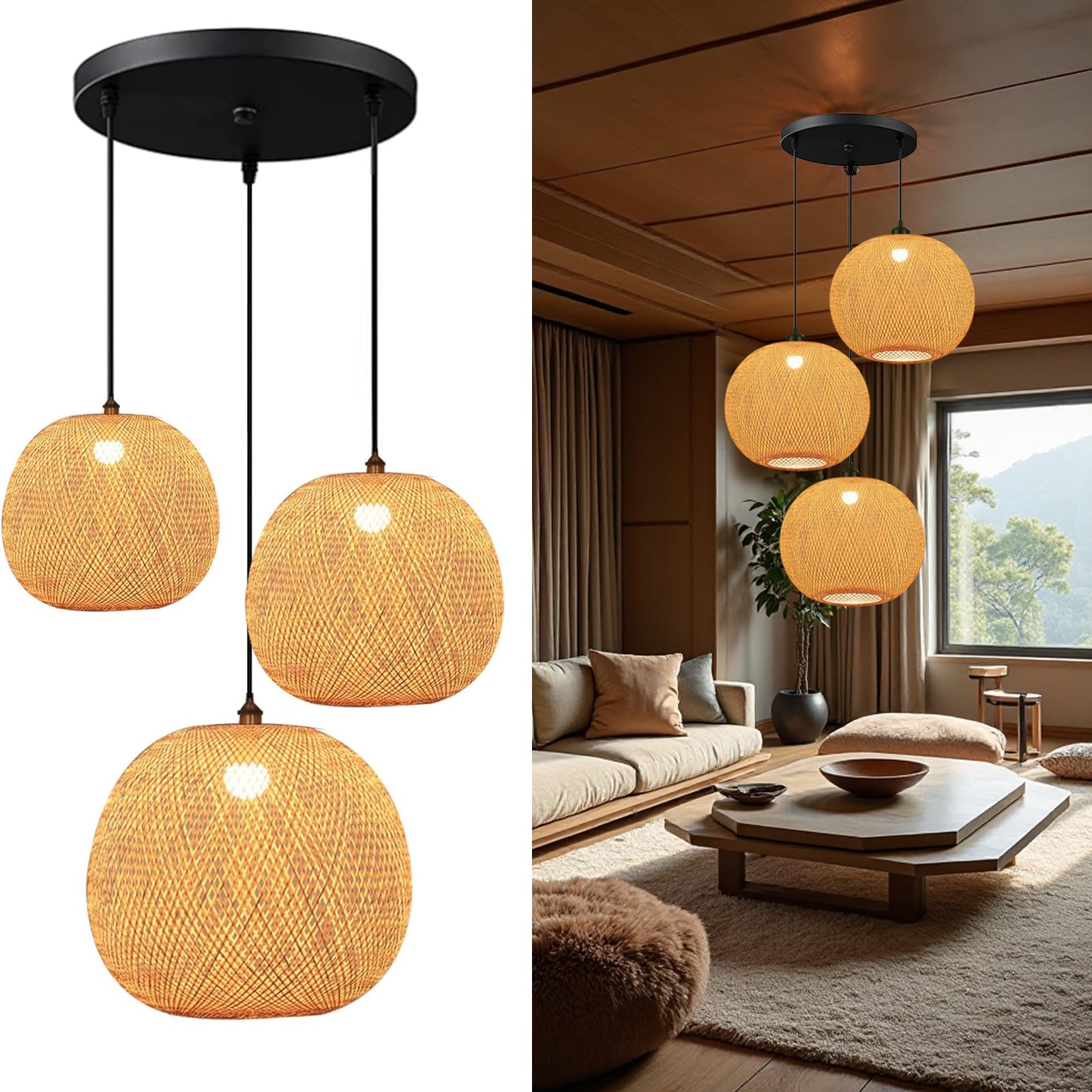 Bamboo Pendant Lights, 3 Headlights E26 E27 Retro Rustic Bamboo