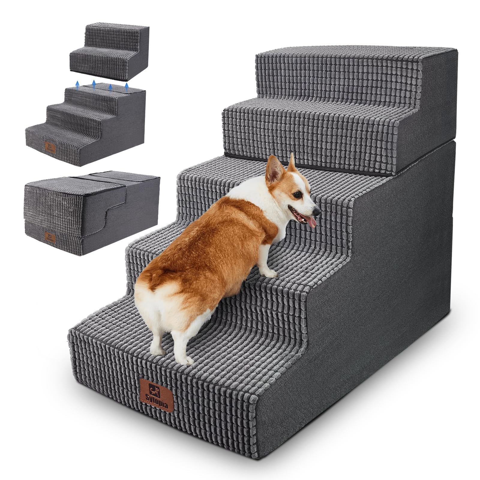 Sytopia Escalera para perros grandes, 5 peldaños de altura, para cama de 60 cm, lavable, espuma de alta densidad, para perros mayores heridos (57 cm de altura, gris) Global Recycled Standard Global Recycled Standard Global Recycled Standard