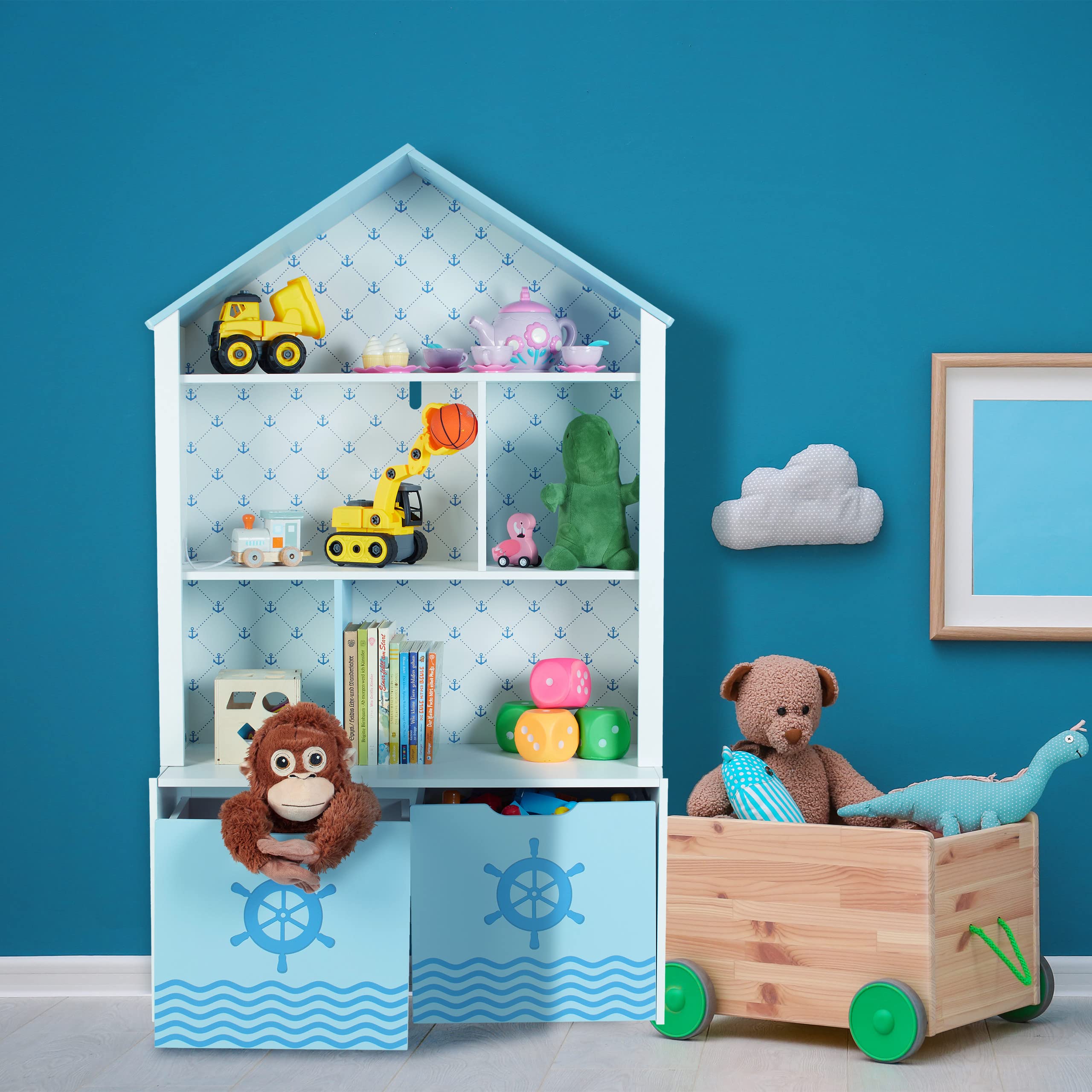 Relaxdays Estantería Infantil, Organizador Juguetes con Timón, 5 Estantes, 2 Cajas con Ruedas, 128x75x34cm, Blanco/Azul, Tablero de Fibras
