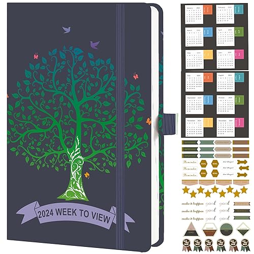 Dzhzal Diary 2024 Week to View A5 5.7''x8.3'' January 2024 - December 2024 with Stickers, Productivity Appointment Diary Planner with Pen Holder, Elastic Closure and Storage Pocket