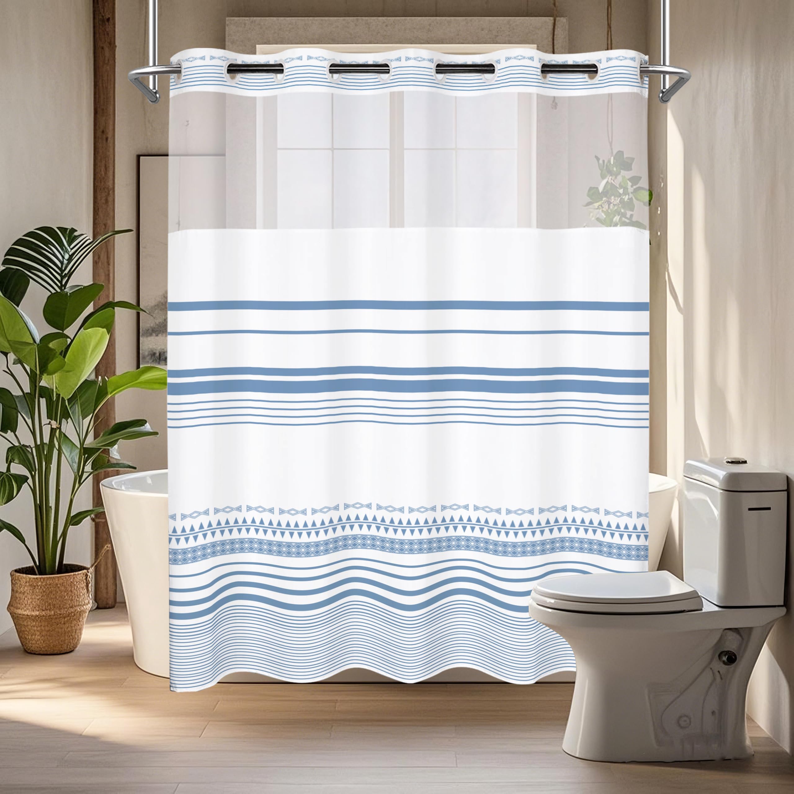 TYTYUU No Hook Striped Shower Curtain Set With Snap-in Liner – Blue & White Farmhouse Style, 71x74 Inches