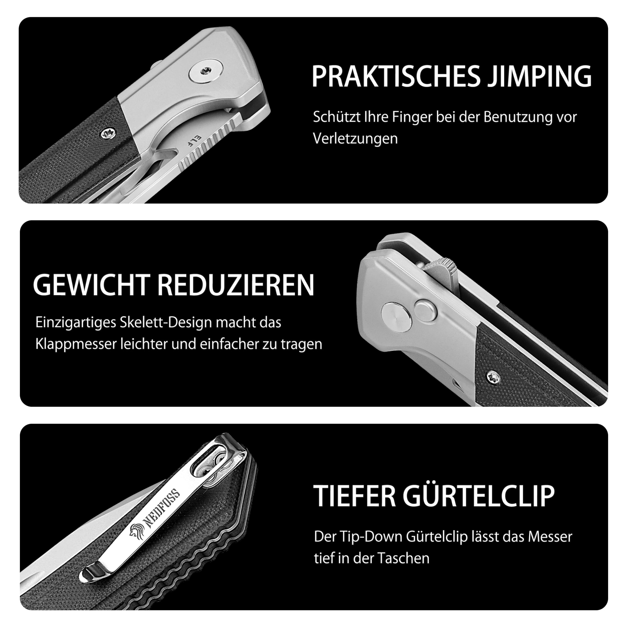 NedFoss ELF II Klappmesser, 14C28N Stahl Taschenmesser mit Button-Lock