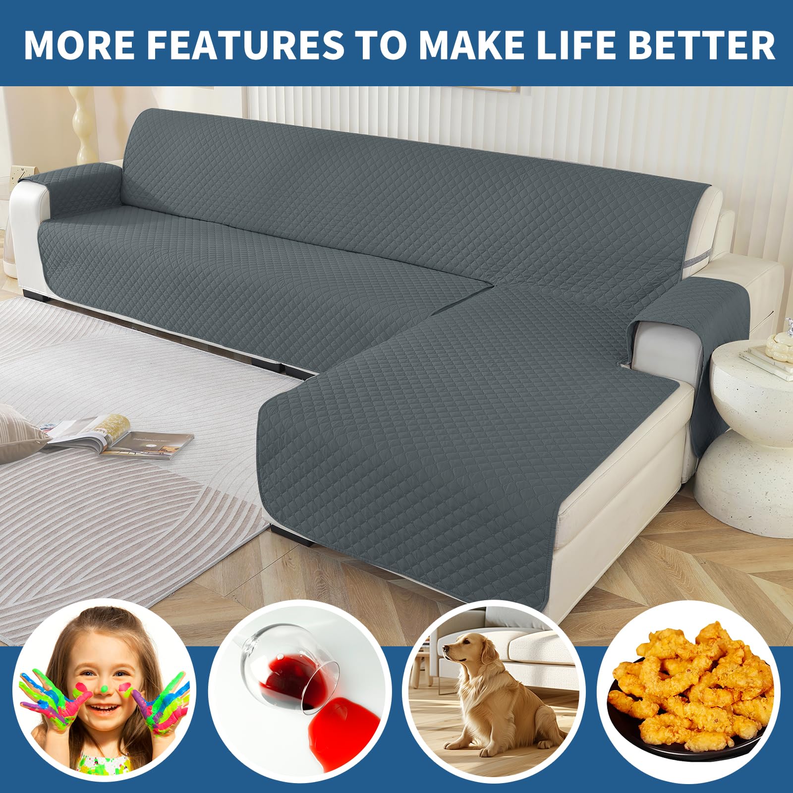 YSTELLAA Impermeable Funda Sofa Chaise Long 3 Plazas, Cubre Sofa Chaise Longue Izquierdo/Derecho Universal Reversible, Anti Gato Y Perro Mascota, Protector Antimanchas Y Resistente, Gris Oscuro