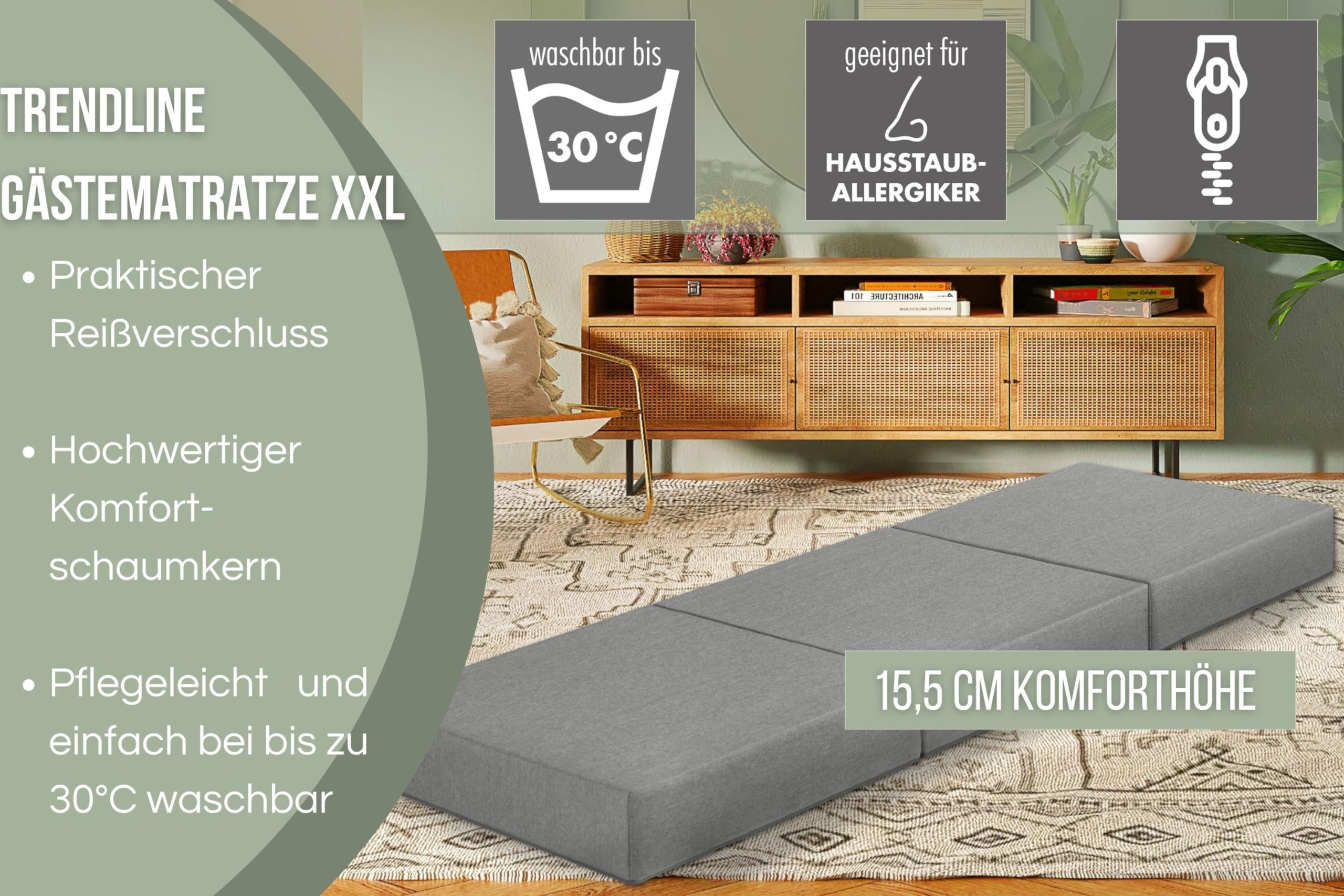 Badenia Trendline Gästematratze XXL 196 x 65 x 15,5 cm – Faltmatratze mit Mikroplüsch-Bezug, 15 cm Komforthöhe, ÖKO-TEX Zertifiziert, Hellgrau