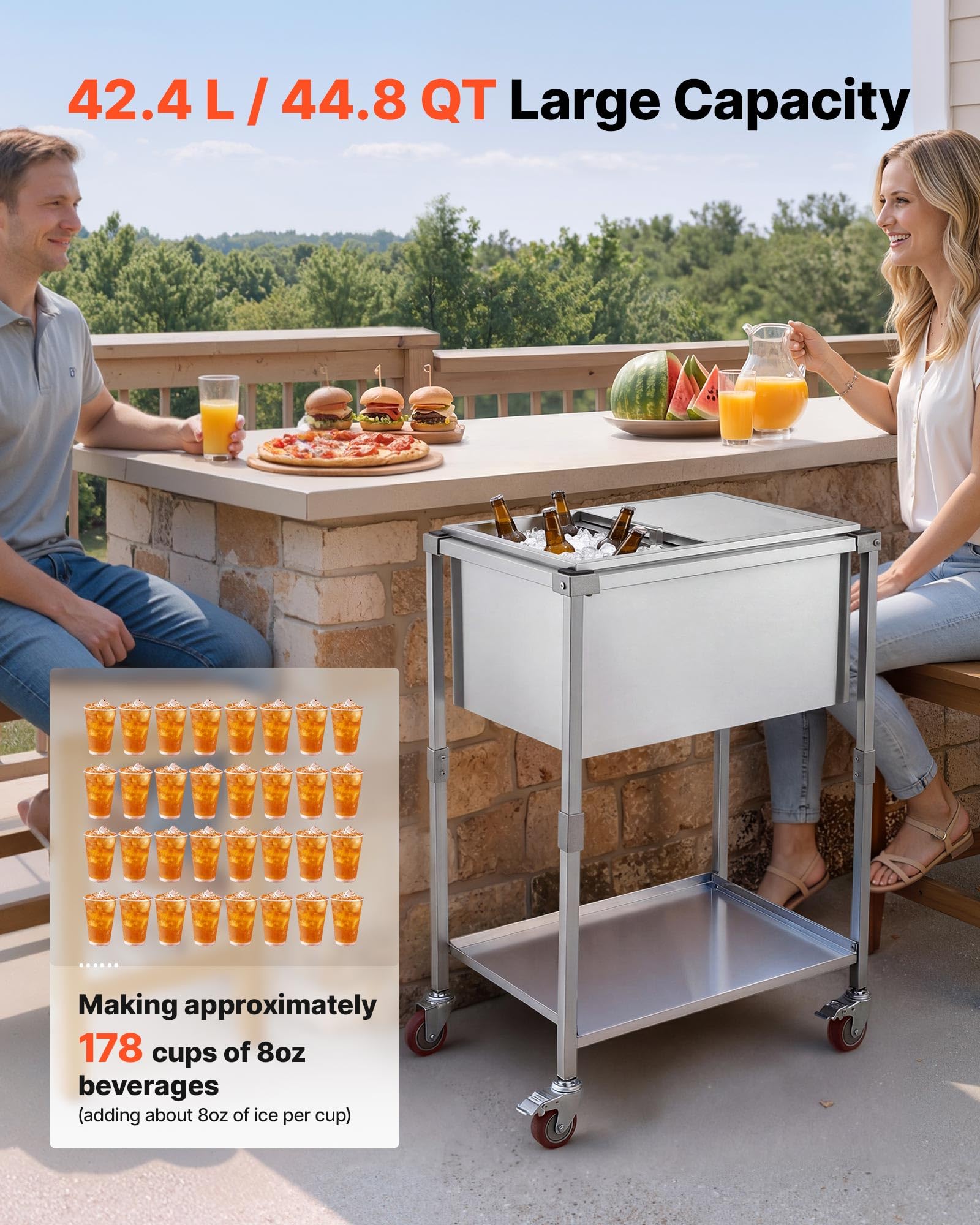VEVOR Glacière à roulettes 42,4 L Refroidisseur de Boissons Mobile en INOX, pour Terrasse Restaurant Fête, Isolation Longue Durée sans Électricité, Desserte-glacière Passive Extérieur, Kit de Vidange