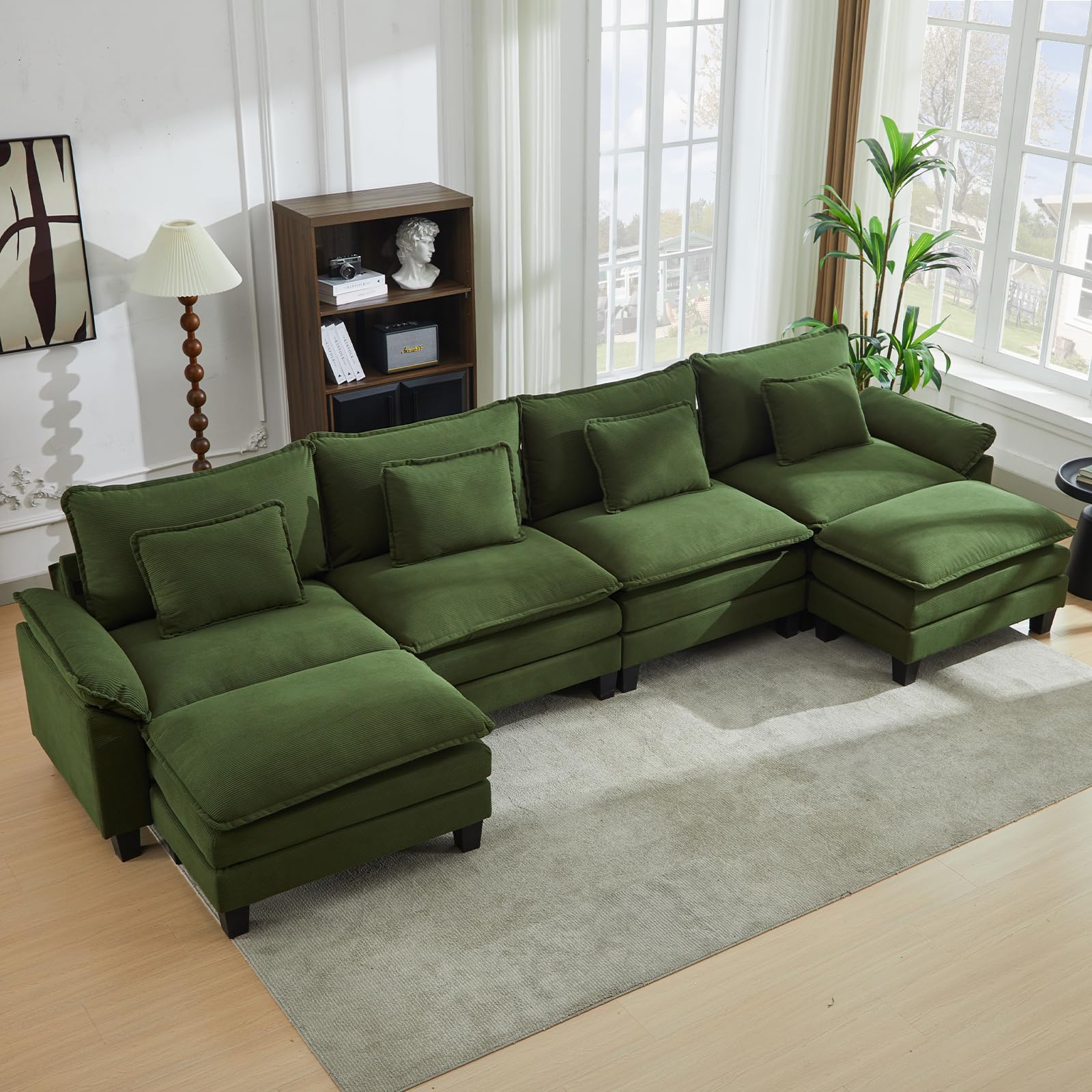 IPKIG 154" Sectional Sofa Cloud Couch, Corduroy U-Shaped Couch Comfy Upholstered 4-Seat Sofa with 2 Ottoman, 4 Lumbar Pillow, Deep Seat Modular Sofa