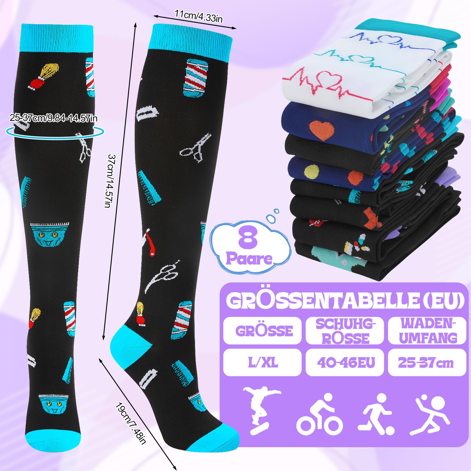 8 Paar Kompressionsstrümpfe Damen Herren,Kompressionssocken,Bunte Stützstrümpfe Compression Socks für Sport(40-46)