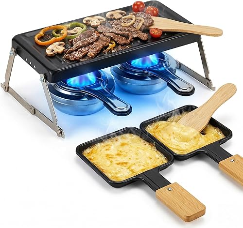 Juego de parrilla de cocina portátil de mesa, mini parrilla plegable de raclette con placa antiadherente, 2 sartenes de queso, 2 quemadores