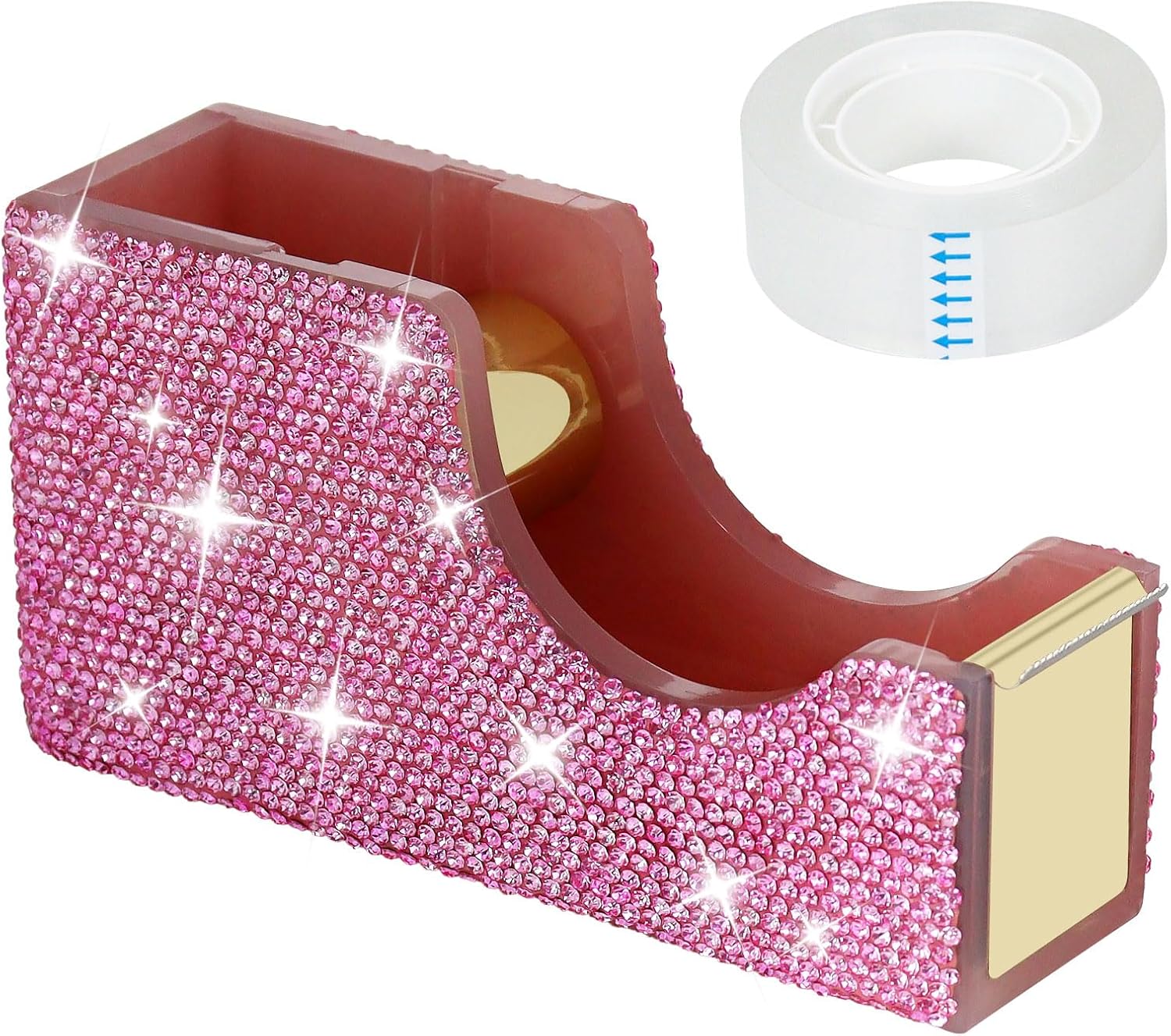 MultiBey Bling Crystal Tape Dispenser, Pink Hand‑Set Rhinestone Acrylic Tape Holder with Stainless‑Steel Cutter, Sparkly Compact Desktop Tape Dispenser for Desk & Vanity, Includes 1" Core Refill