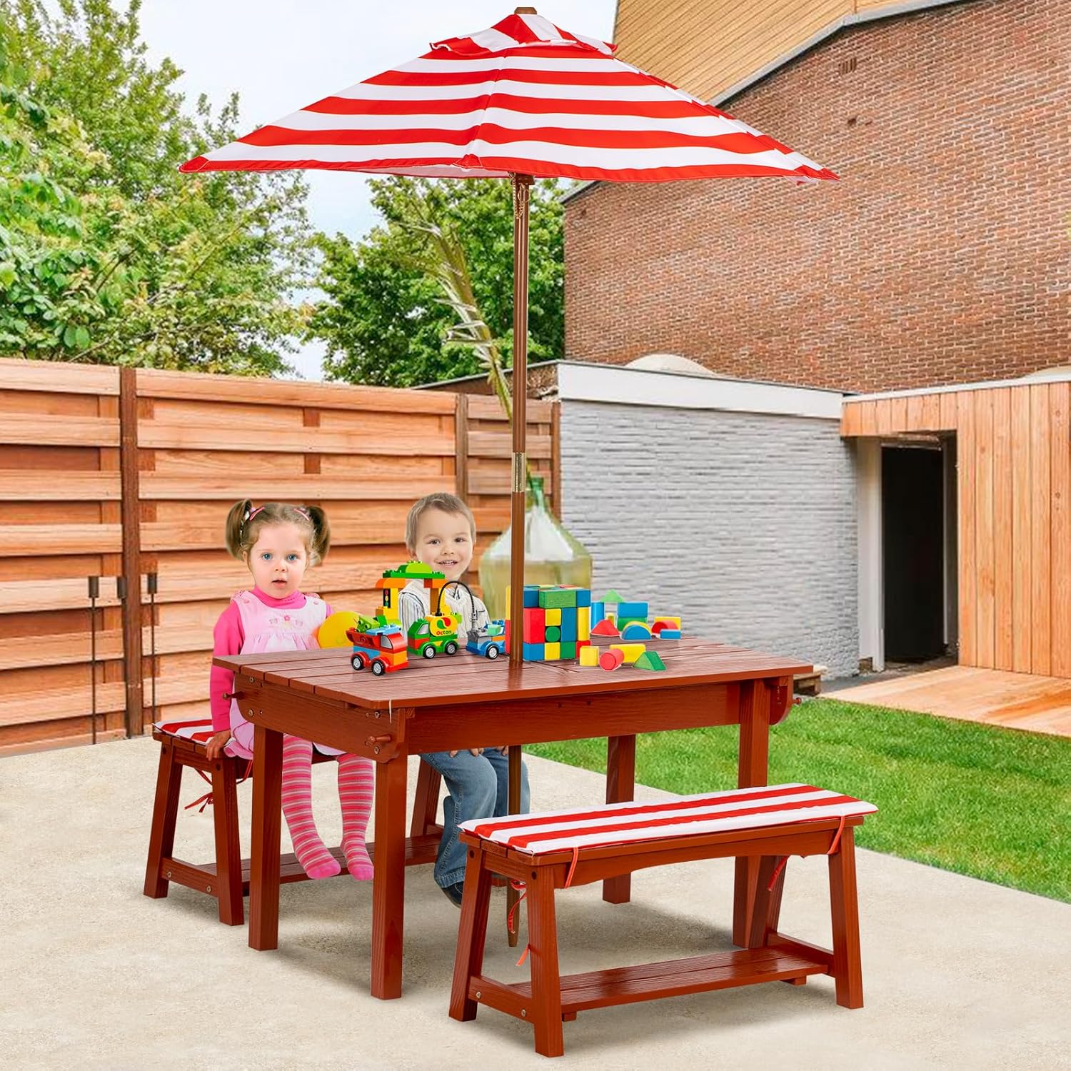 Kids Picnic Table with Umbrella, Outdoor Wooden Table & Bench Set w/Cushions & 2 Removable Boxes, 4-in-1 Children Sand and Water Activity Furniture w/Storage Cover for Patio, Garden