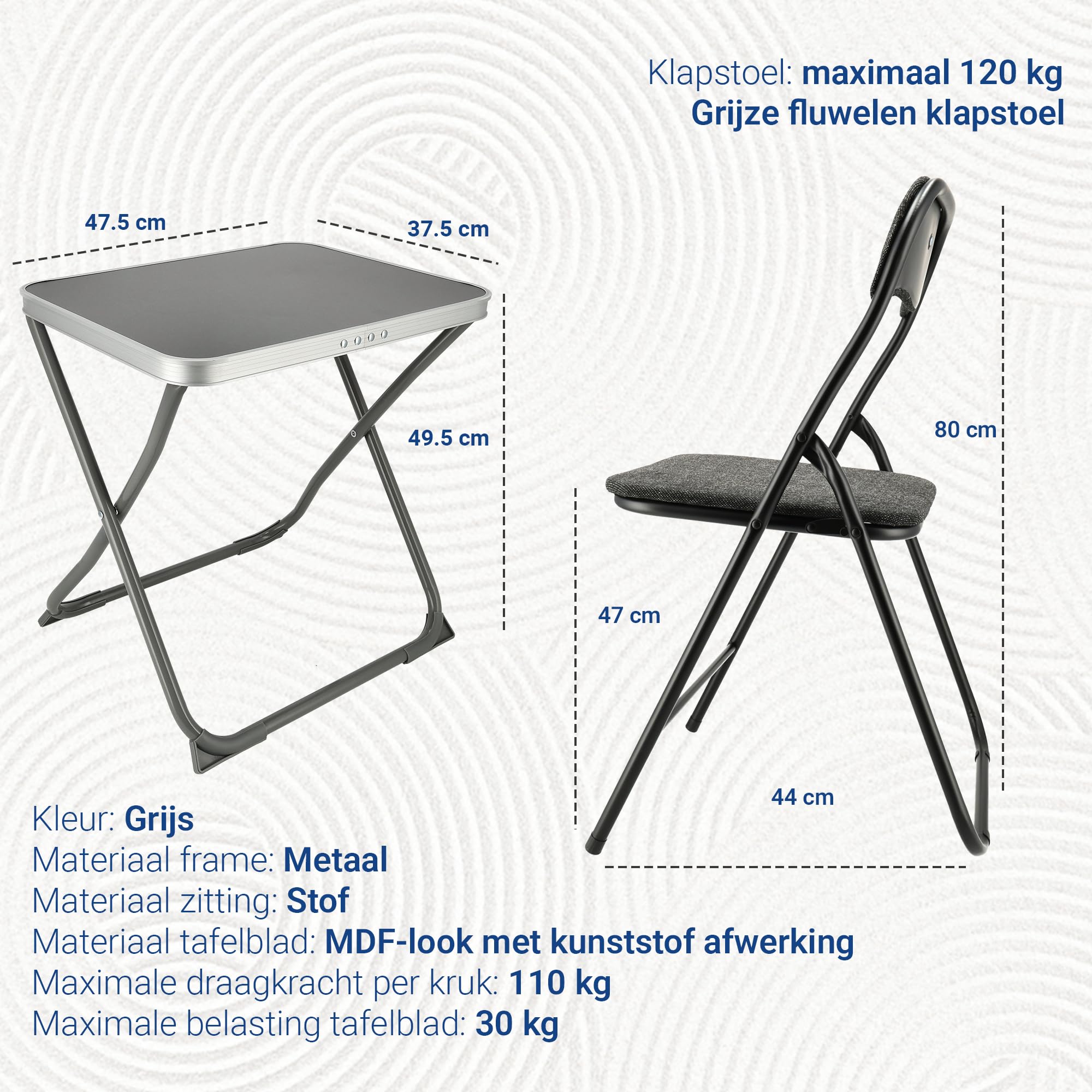 Set tavolo e sedia da campeggio grigio – Tavolo da campeggio e sgabello 2 in 1 con tavolo pieghevole, sedia pieghevole in velluto, tavolo pieghevole compatto per 1 persona, balcone, roulotte, giardino