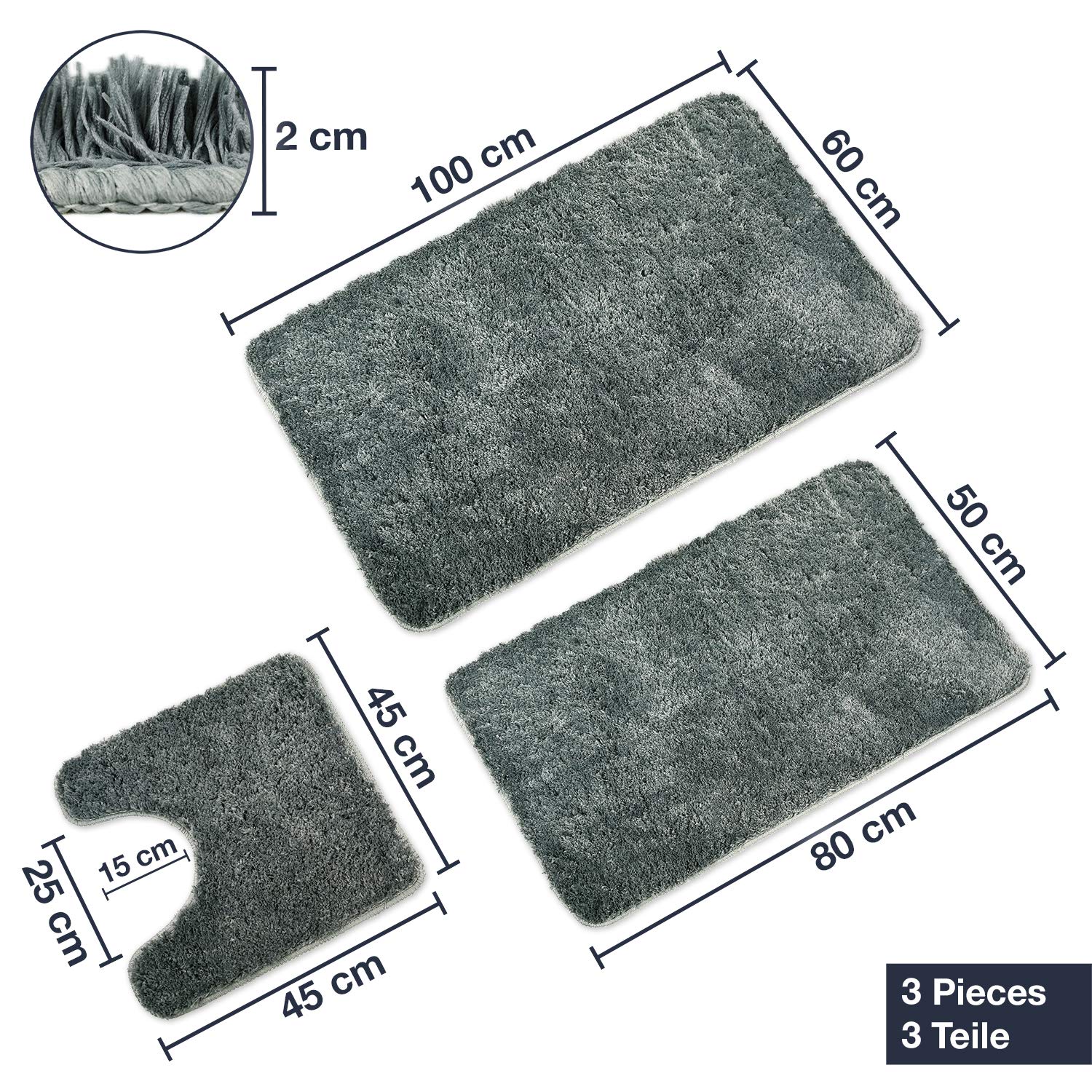 WohnDirect Badematten Set 3tlg – Badteppich rutschfest waschbar | Hochflor-Badvorleger Set inkl. WC-Vorleger mit U-Ausschnitt, Anti-Rutsch-Unterseite, 4 cm Flor, Fußbodenheizung geeignet