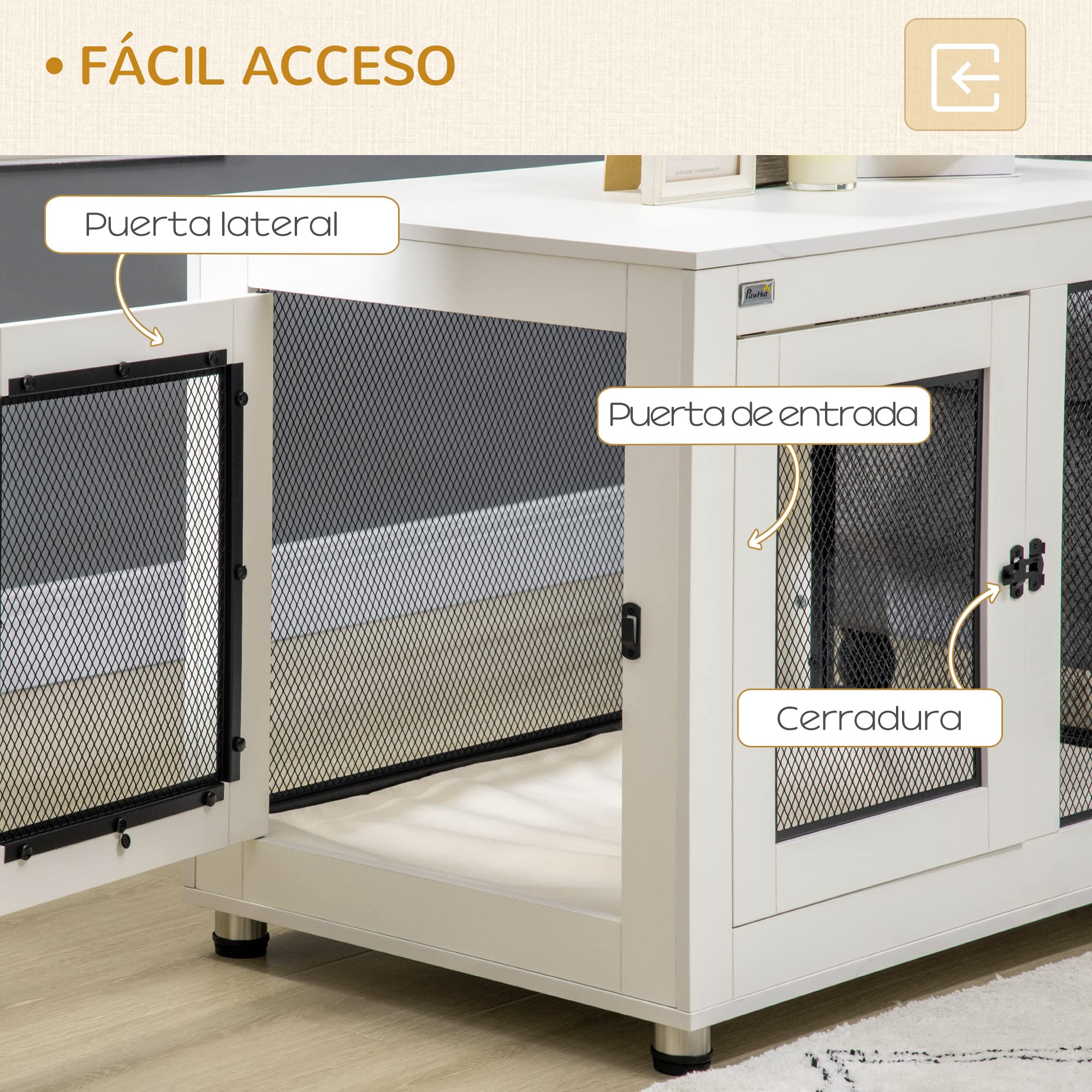 PawHut Jaula para Perros Grandes Estilo Mueble Casa para Perros 94x60x71,5 cm Mesa Auxiliar con 2 Puertas de Pestillo Cojín de Tela Oxford y Rejillas de Acero Blanco
